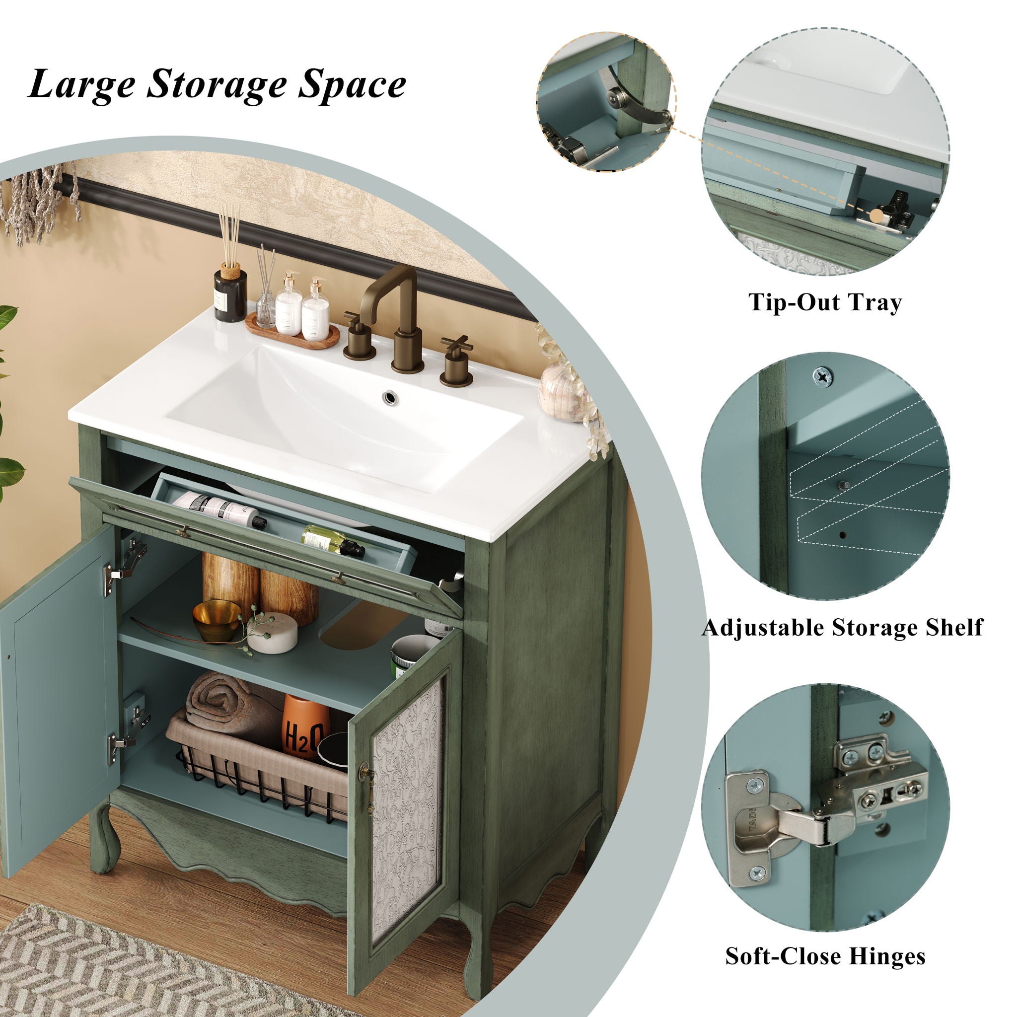 Bathroom Vanity With Rectangle Sink, Tip Out Tray - Antique Blue Green