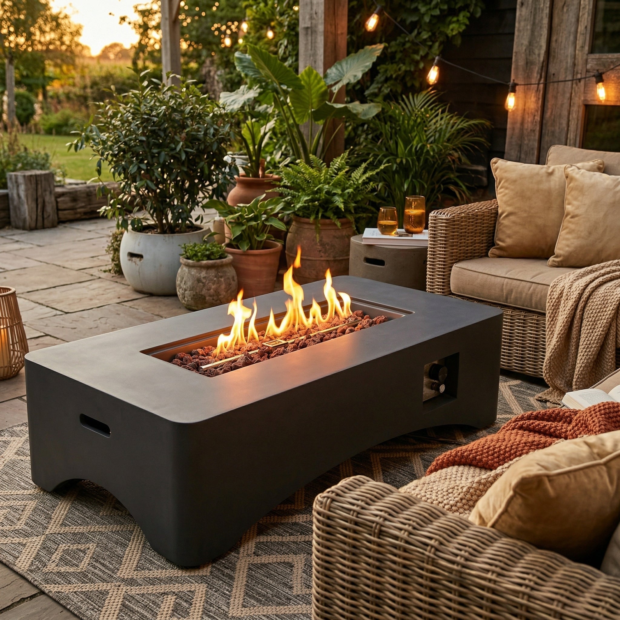 56" Propane Fire Pit Table, Rectangular Outdoor Gas Fire Pit