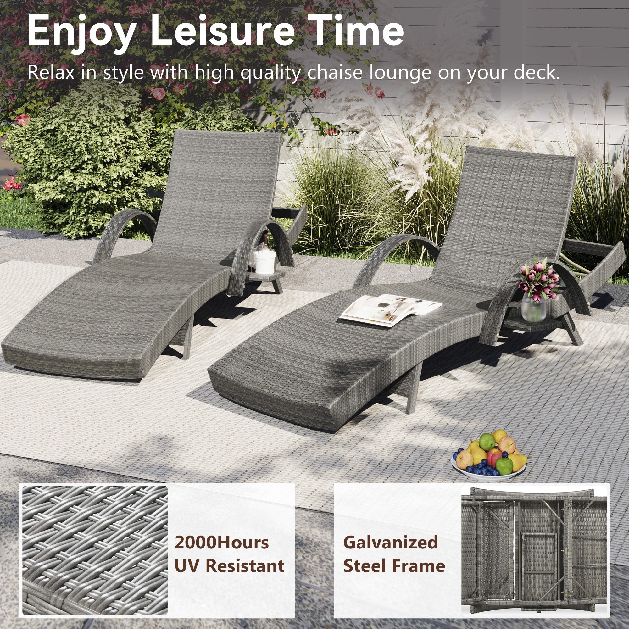 K&K 80" Outdoor Wicker Chaise Lounge Chairs Set of 2