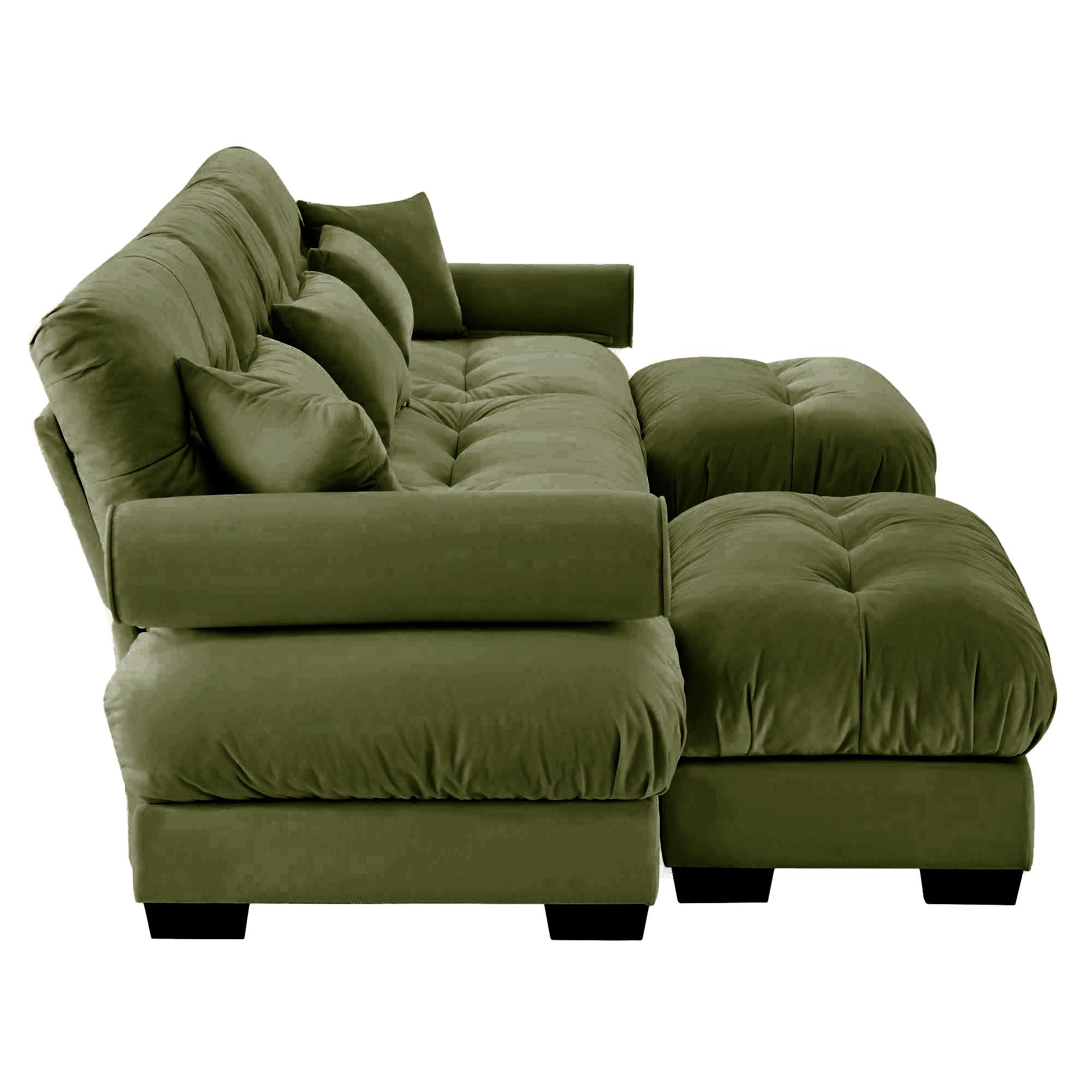 Modern Sectional Sofa With Ottoman, Round Bolster Armrests, Waist And Throw Pillows
