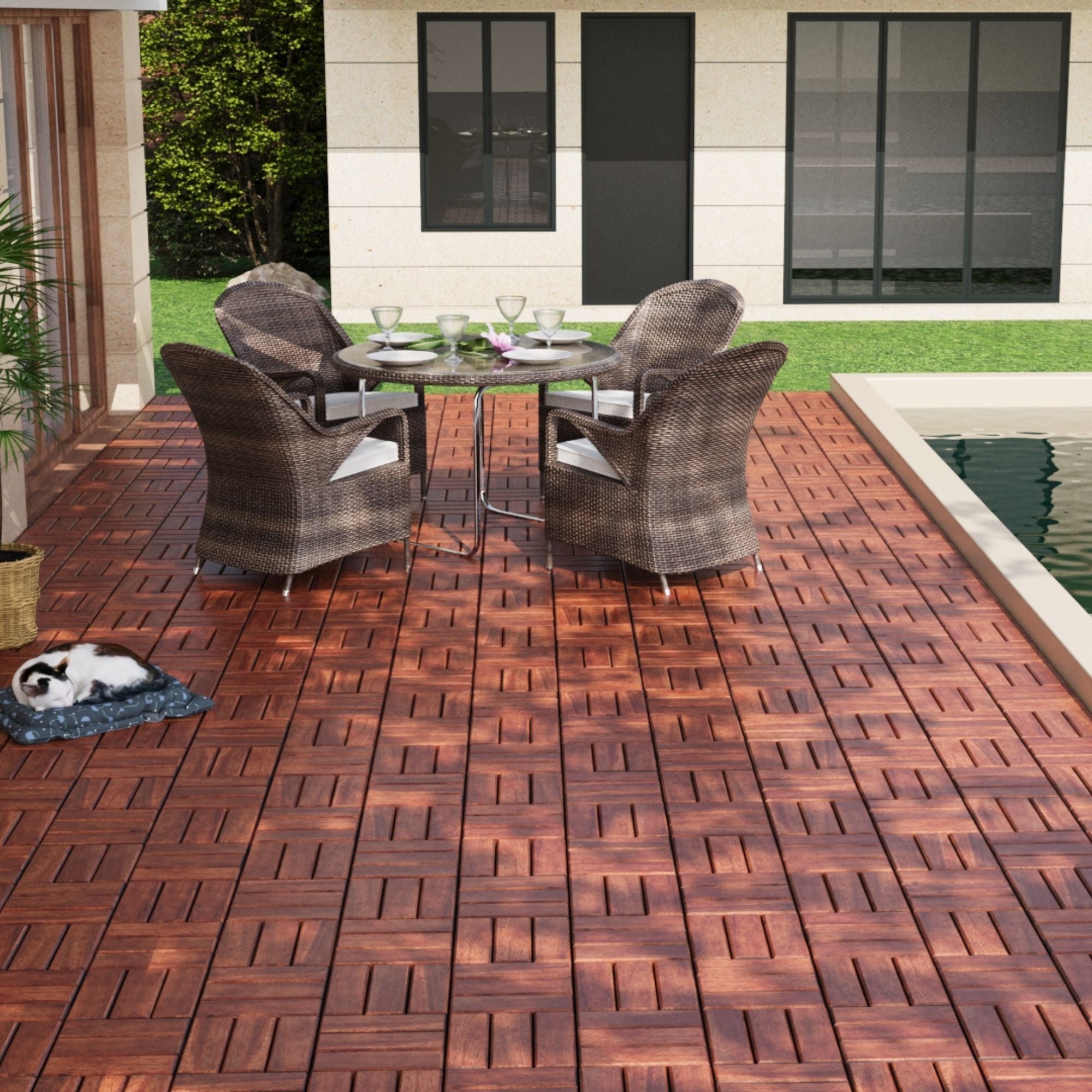Acacia Wood Interlocking Deck Tiles Checker Pattern For Outdoor Flooring