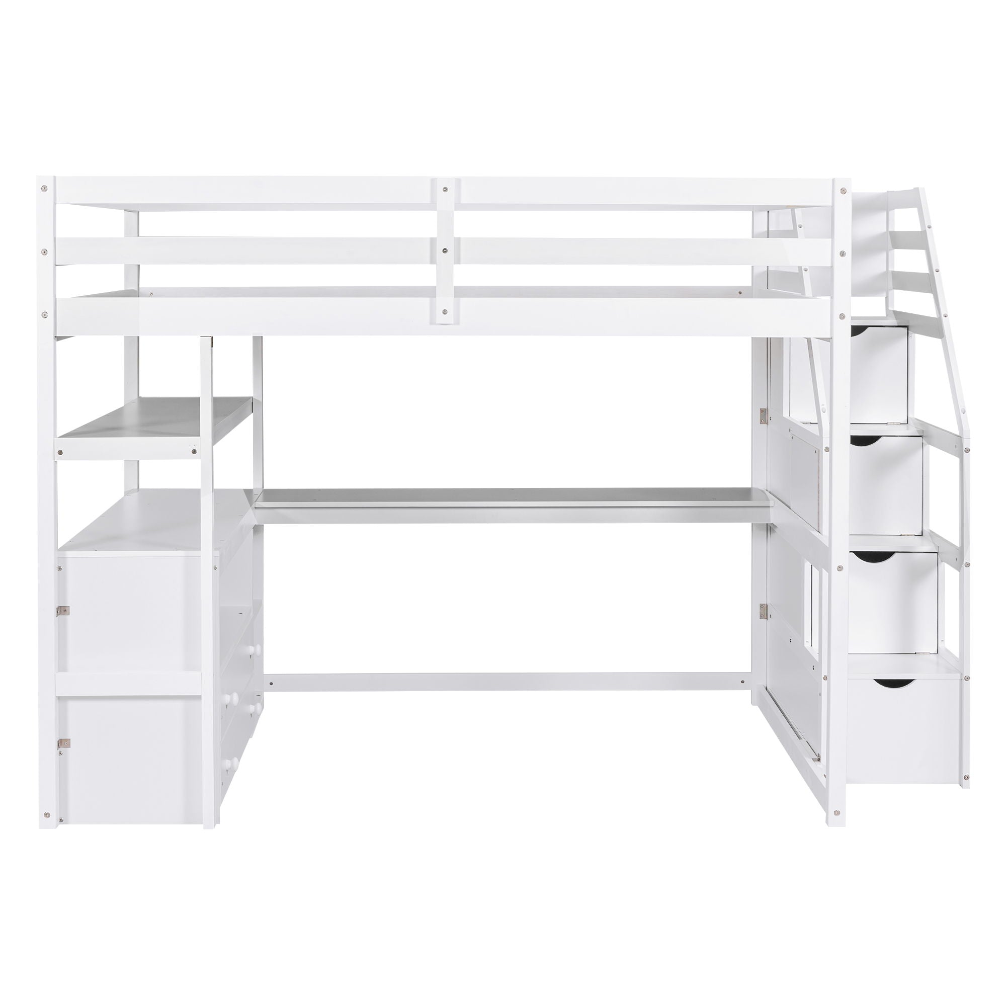 Loft Bed With Desk, Shelves, 2 Drawers, Storage Staircase