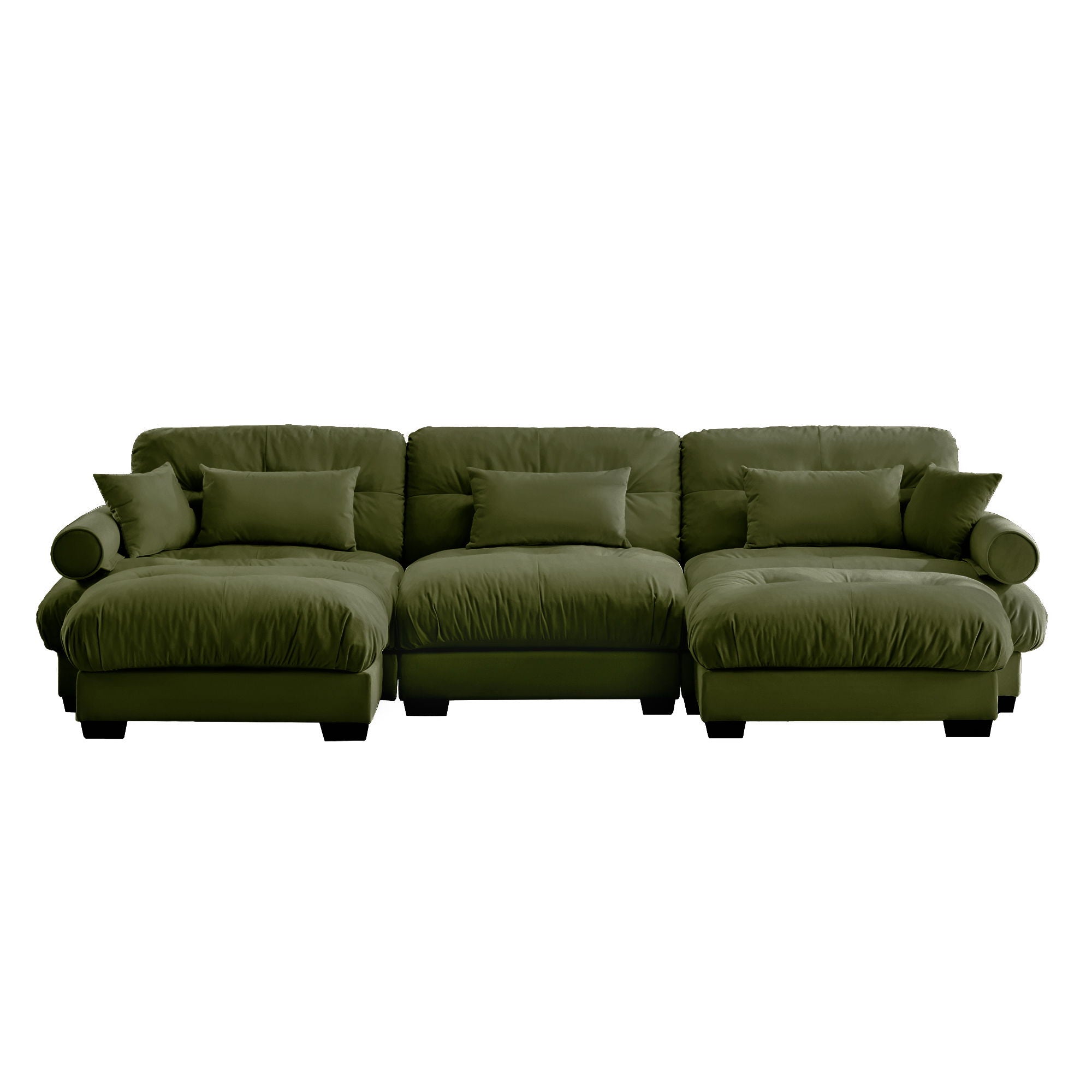 Modern Sectional Sofa With Ottoman, Round Bolster Armrests, Waist And Throw Pillows