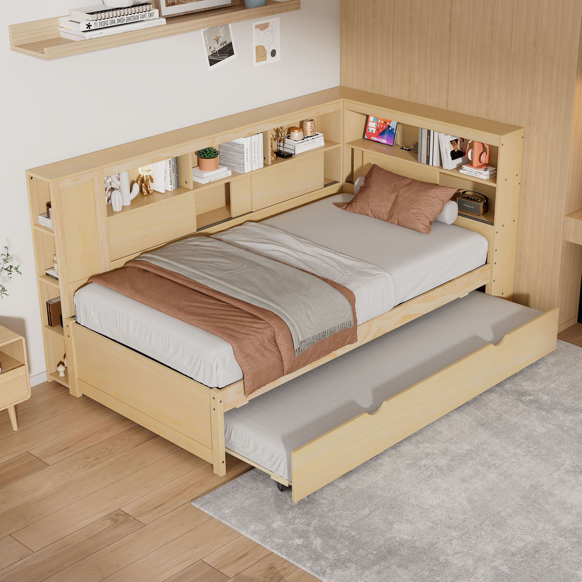 Daybed With Storage Shelves, USB Charging, And Trundle Bed