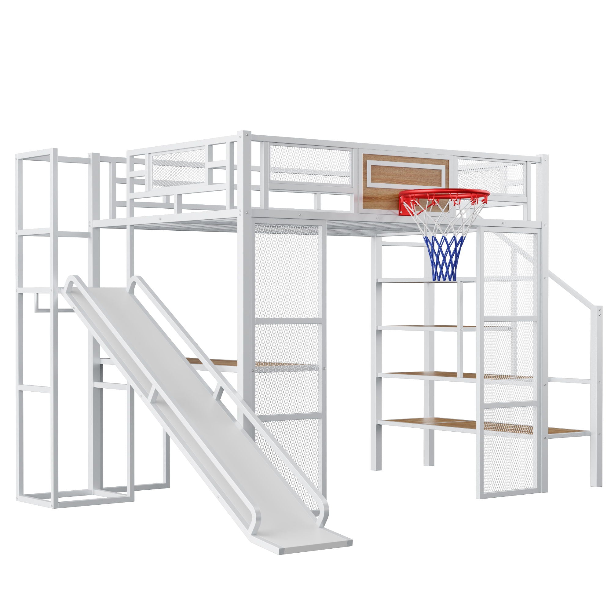 Loft Bed With Built In Desk, Open Wardrobe, Basketball Hoop, Slide And Staircase