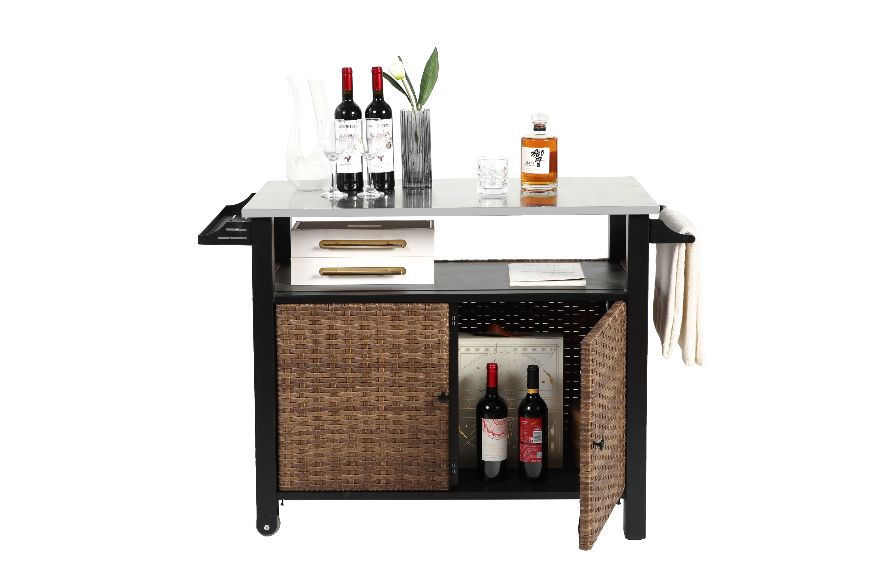 Outdoor Kitchen Wicker Island Rolling Cart & Storage Cabinet Brown