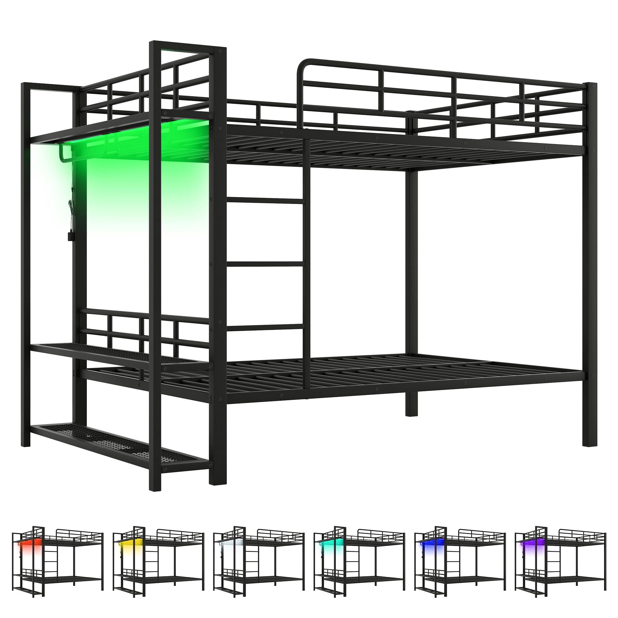Bunk Bed With Storage Mesh Shelves, Clothes Hooks, LED Light