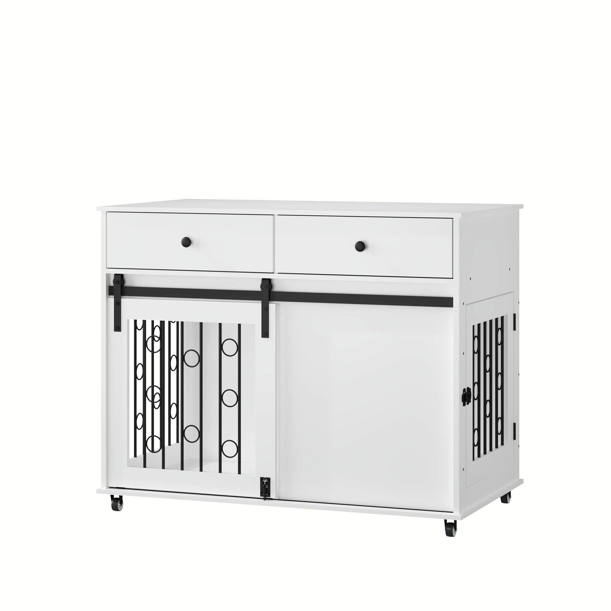 Dog Crate Furniture With Double Drawers And Sliding Barn Door, Pet Kennel For Small To Medium Dogs - White