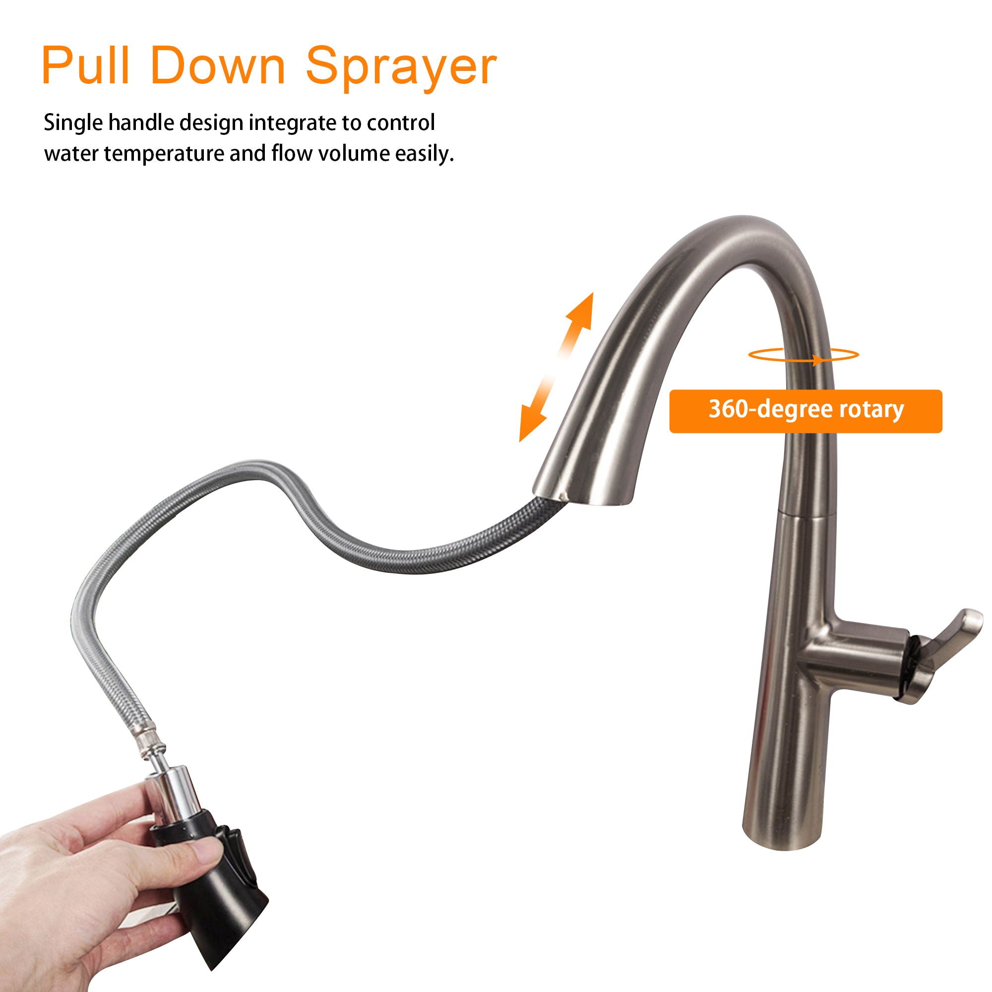 Kitchen Faucet With Pull Out Spray, Stainless Steel, 16" Height - Brushed Nickel