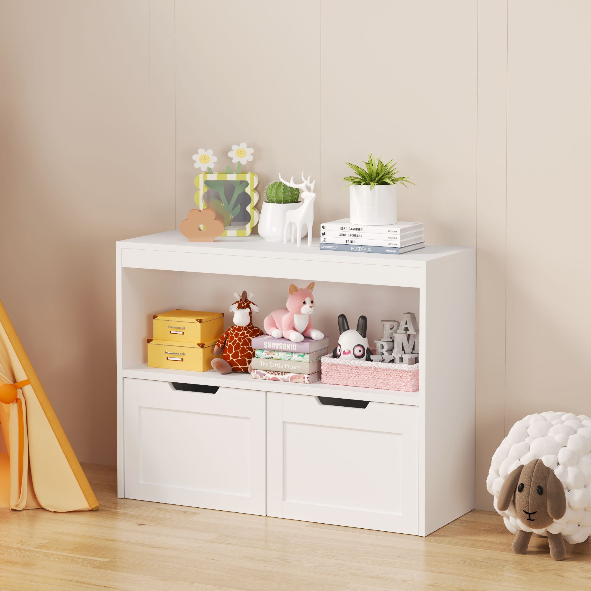 Book Organizer With Large Drawers And Open Shelves, Toy Storage Cabinet With Removable Wheels And Rounded Edges - White