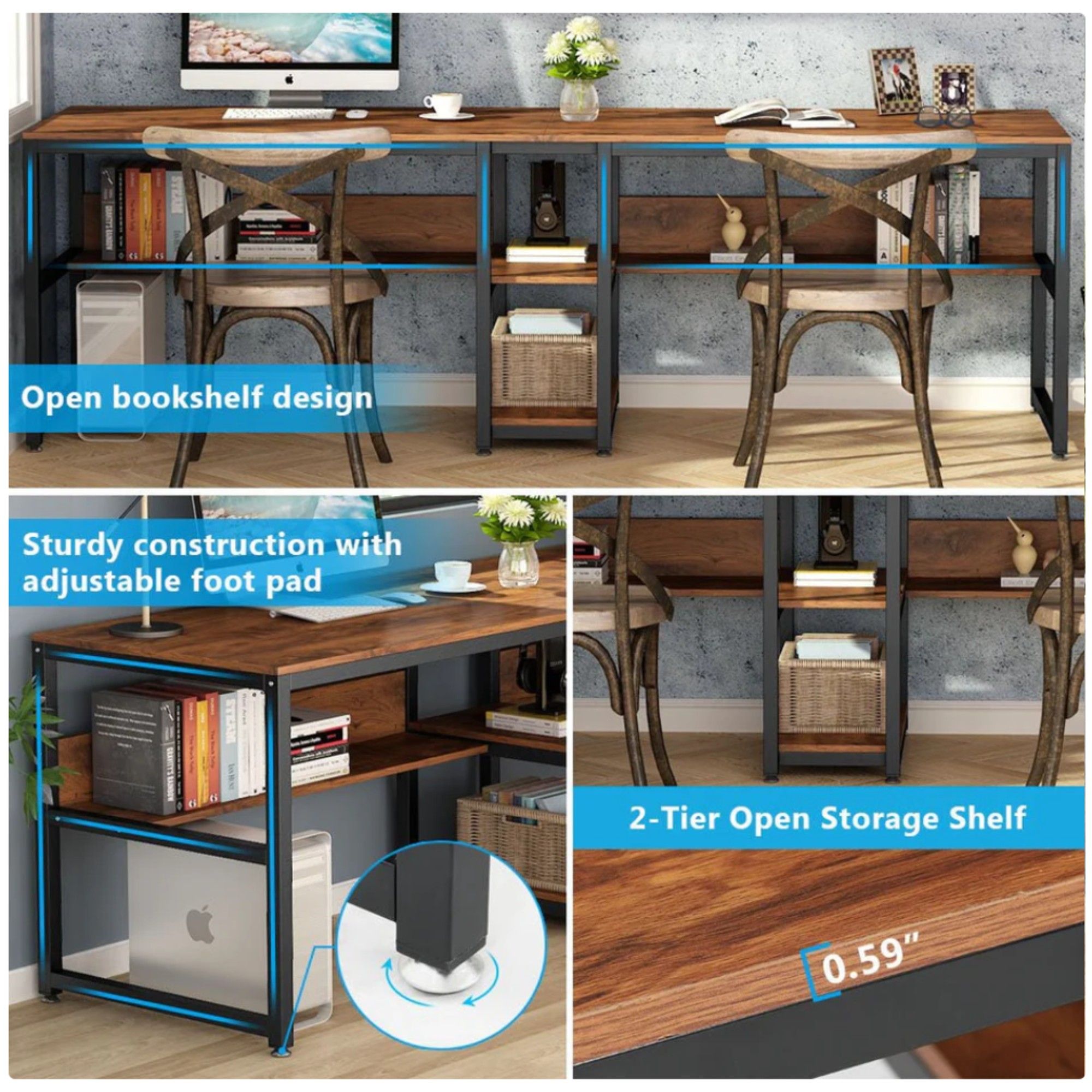 Double Desk For 2 With Bookshelves, 2 Person Workstation With Storage - Brown / Black