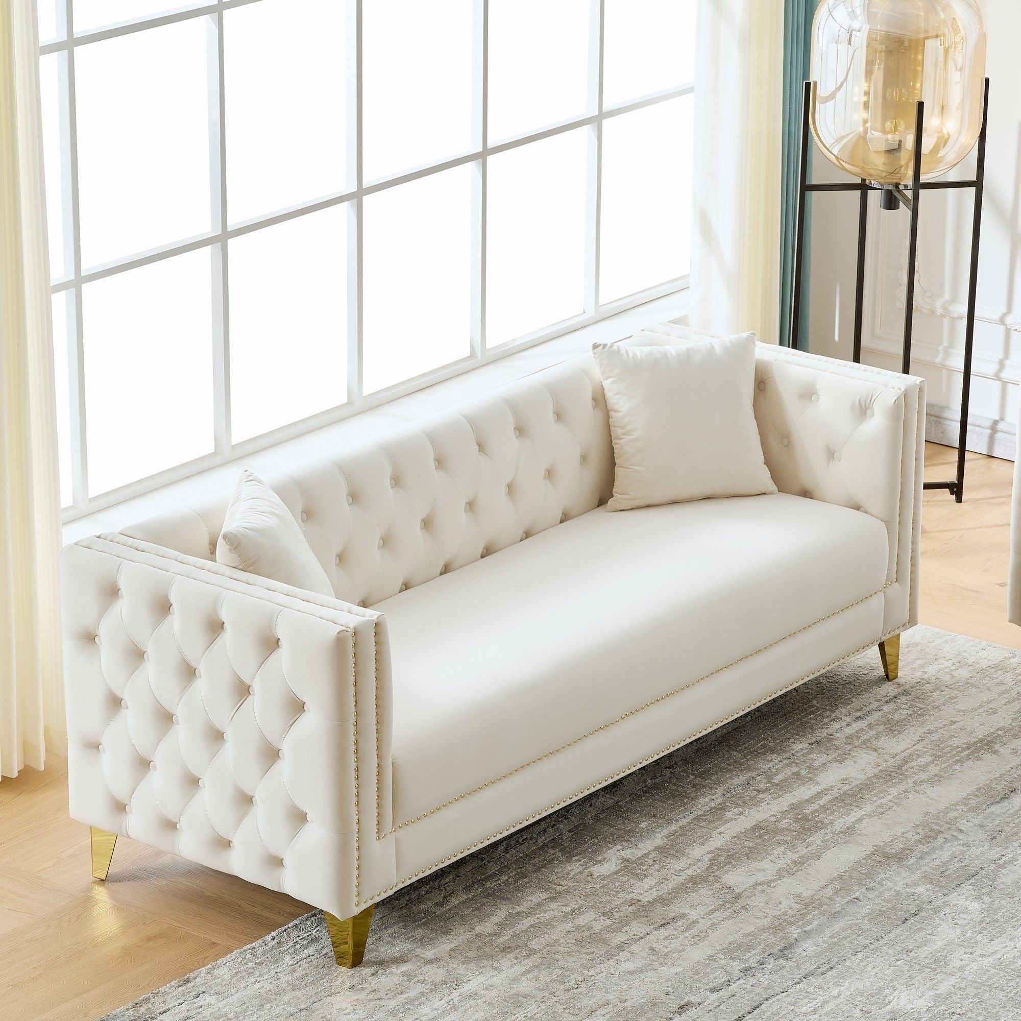 3 Seater Deep Seat Sofa, Sofa With Button Nailhead, Square Arm Couches, Furniture For Living Room - Beige