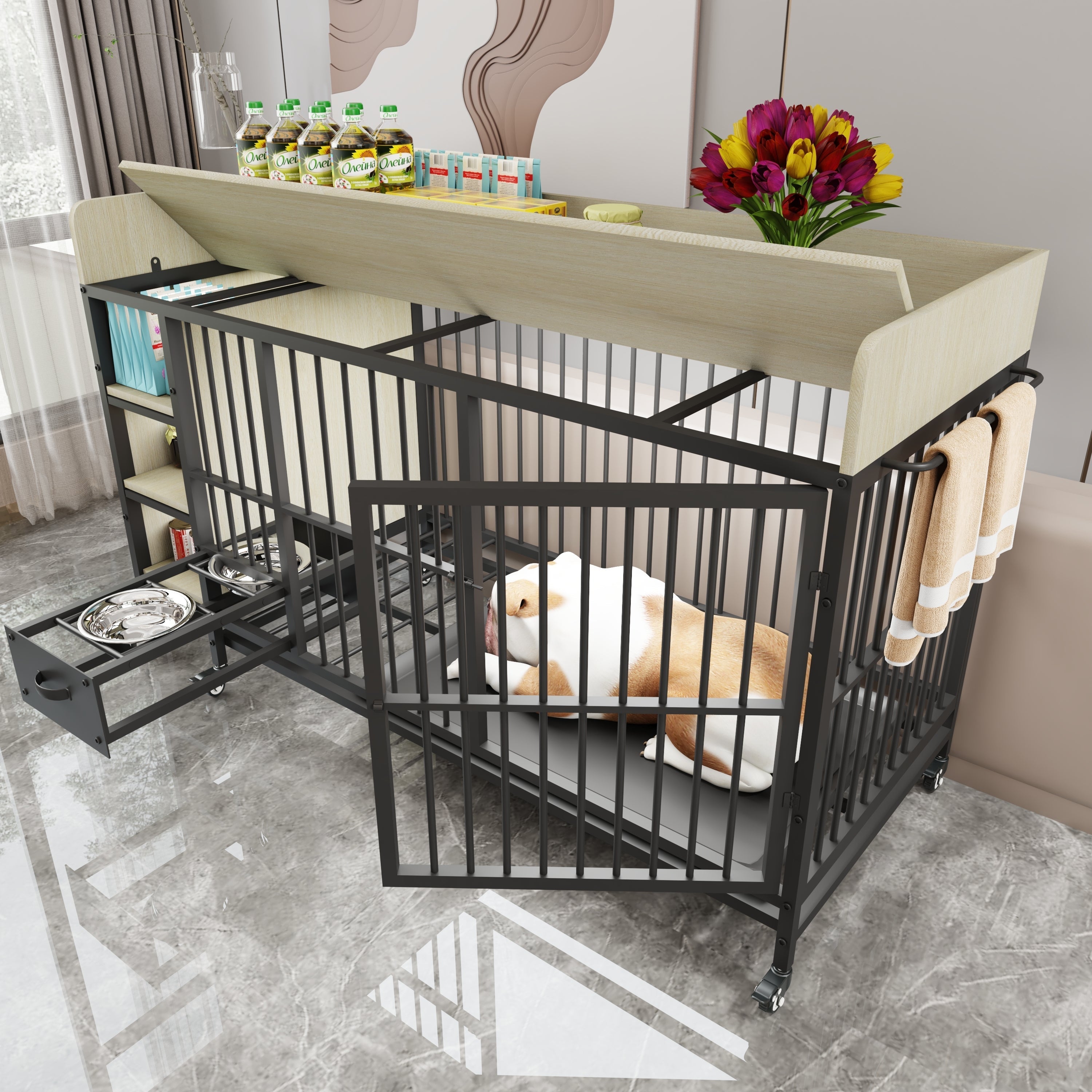 Large Pet Cage with Storage Rack Black and Beige