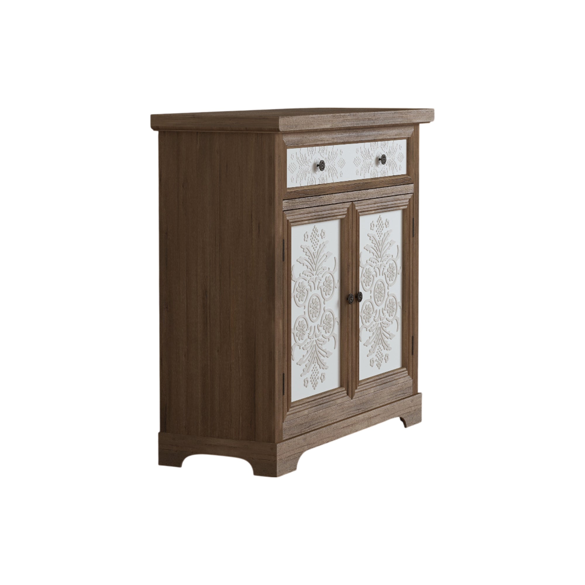 Rustic Vintage Accent Cabinet with Carved Floral Panels