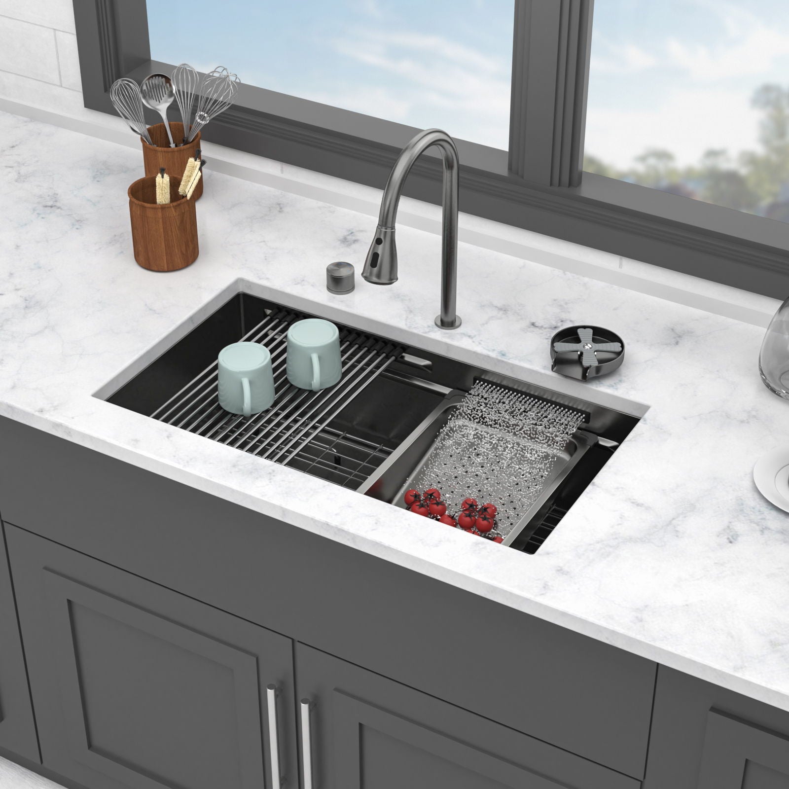 Undermount Stainless Steel Kitchen Sink With Pull Down Faucet & Ledge Workstation