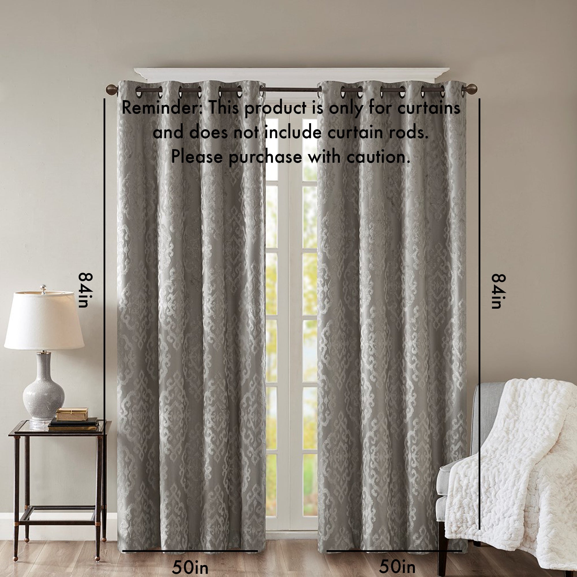 Knitted jacquard damask total blackout grommet top curtain panel (only 1 pc panel)