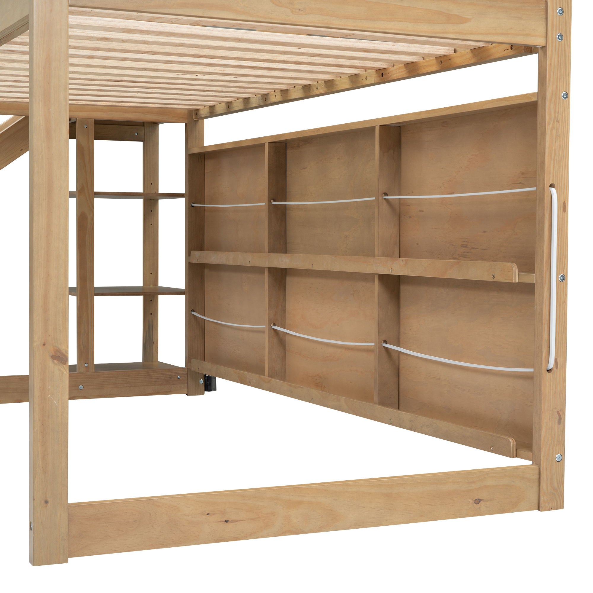 House Loft Bed With Slide, Storage Shelves And Light, Climbing Ramp