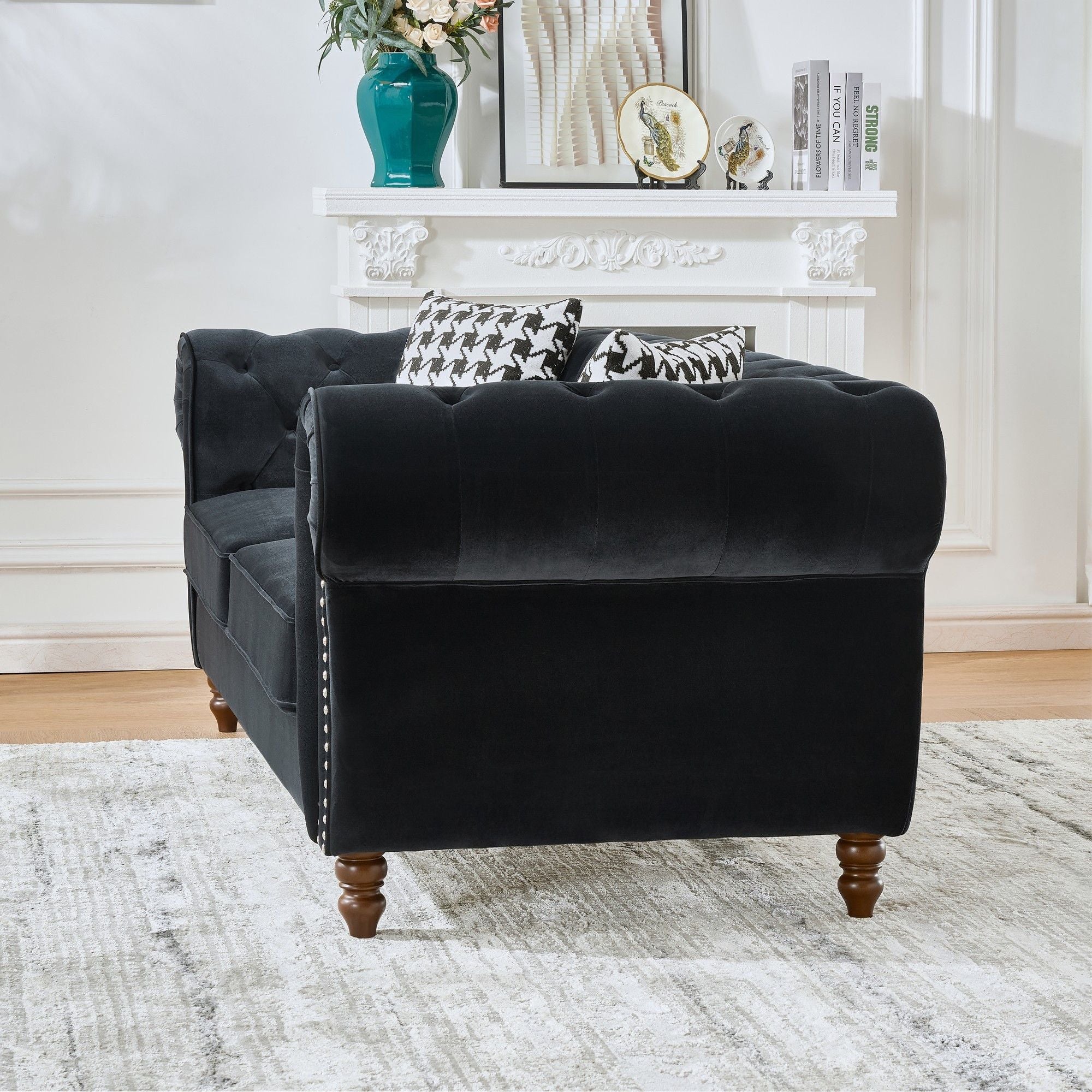 Chesterfield Velvet Upholstery Fabric Sofa With Roll Armrest & Nailhead, Mid Century Modern 3 And 3 Seater Couch