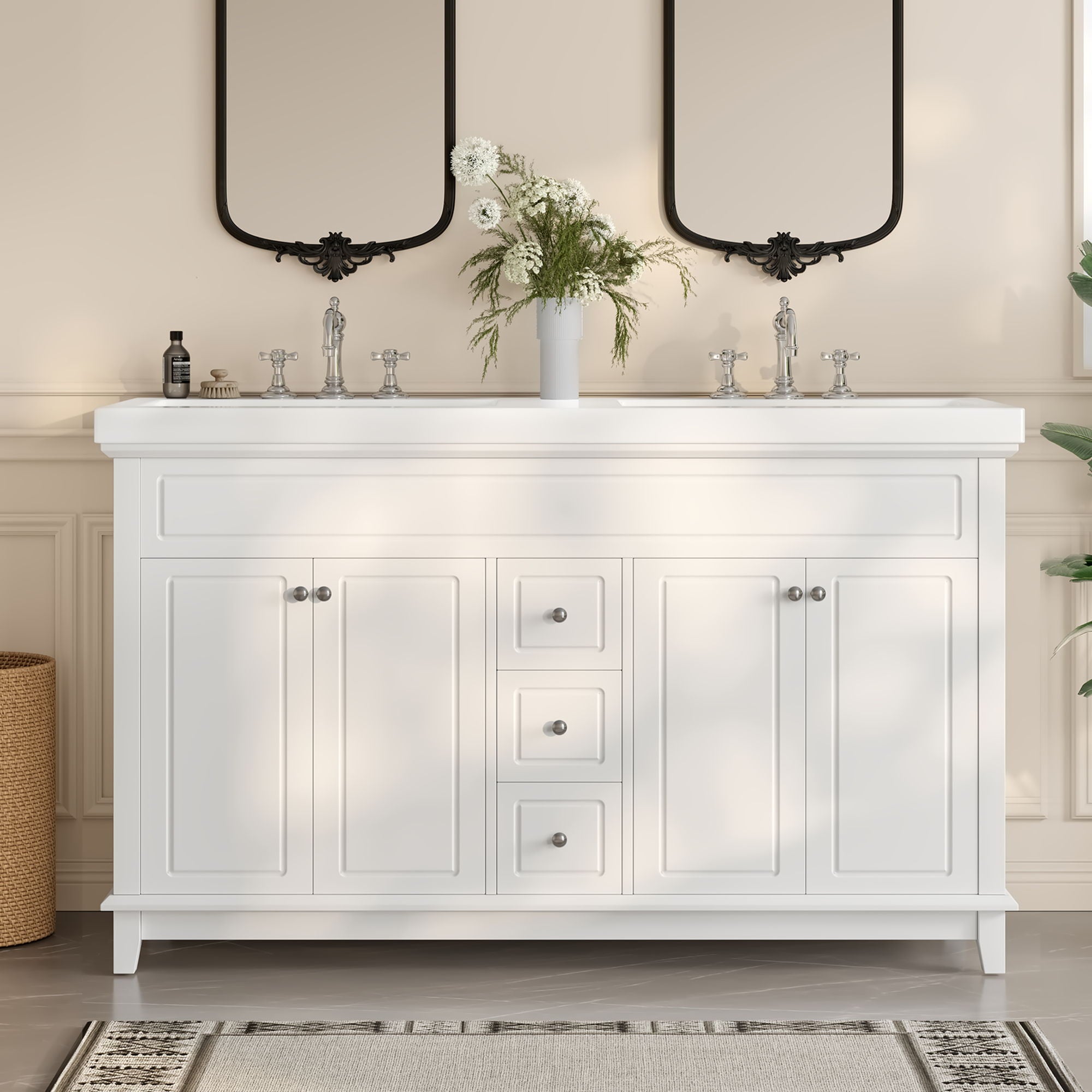 Bathroom Vanity With Double Sinks, 3 Drawers & 4 Doors, Soft Close, All Open Back Design - White