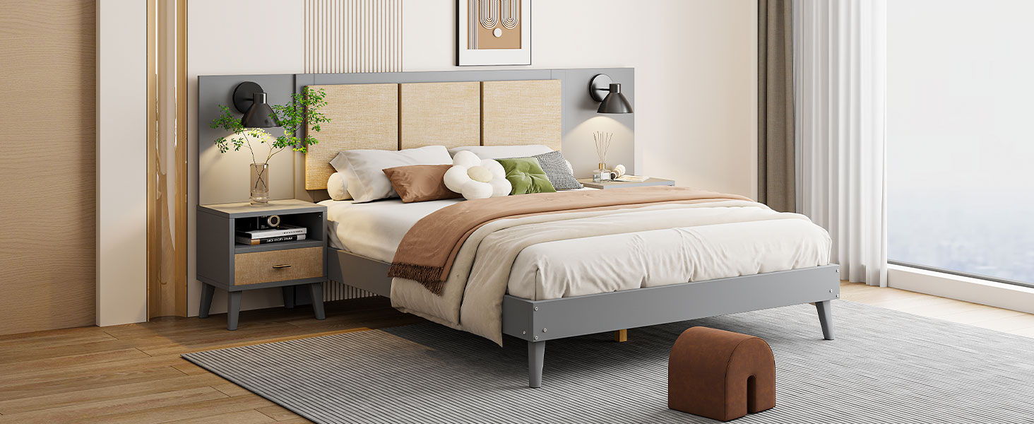 Bed Frame With 2 Nightstands Elegant Design With Lamps
