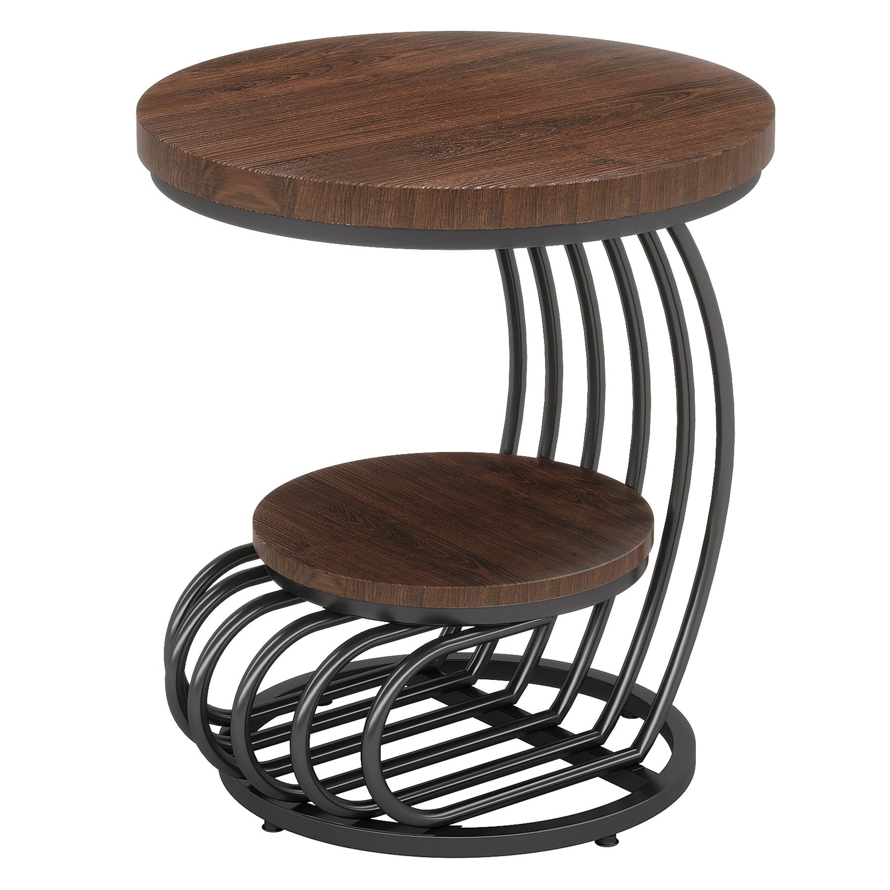 Round Vintage End Table With 2 Tier Storage