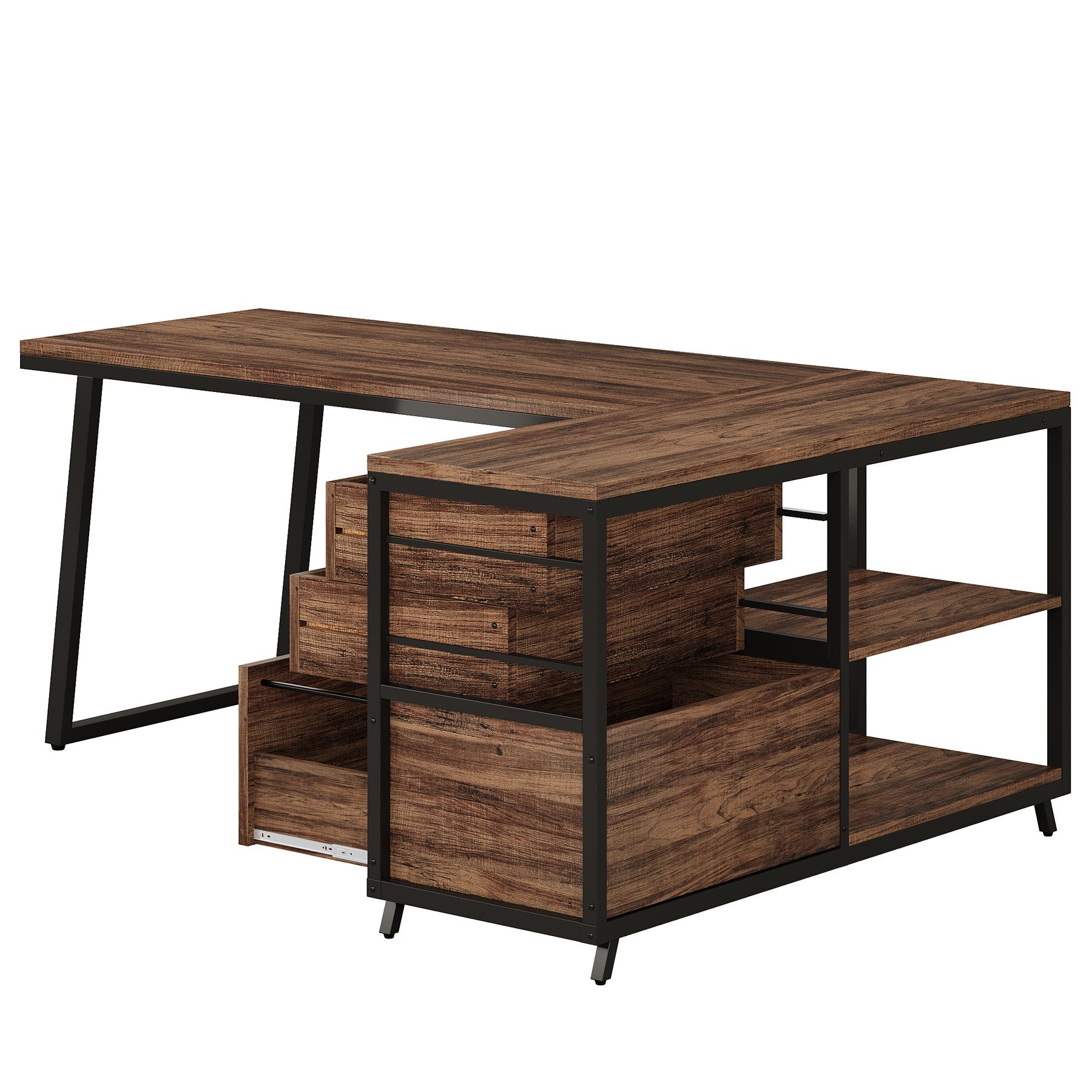 L-Shaped Computer Desk With 3 Drawers And Storage Shelves, Reversible Corner Workstation For Small Rooms - Brown / Black