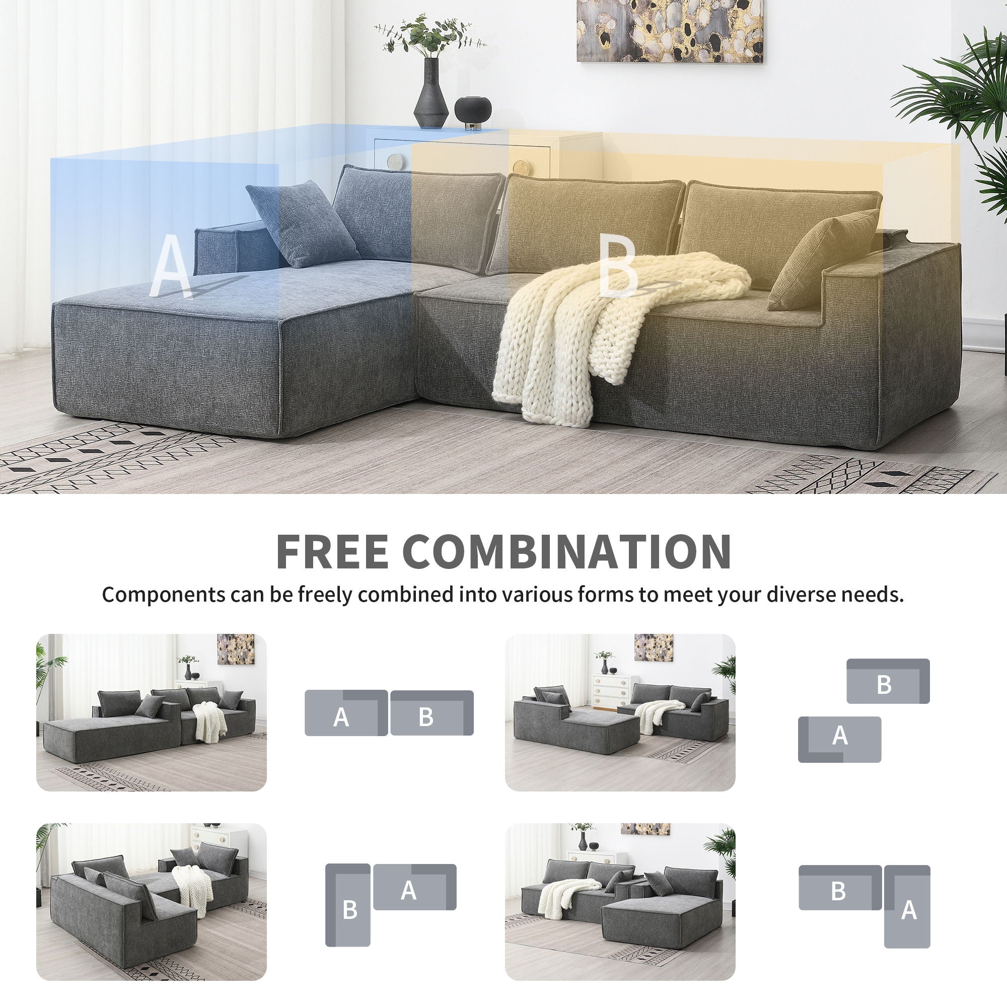 Free Combination Minimalist Style Modular Sectional, Wrinkle Resistant Couch Set L Shaped Compressed Sofa For Living Room