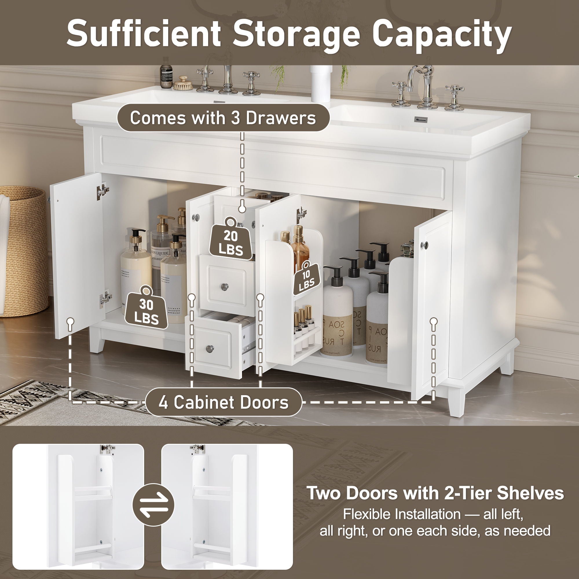 Bathroom Vanity With Double Sinks, 3 Drawers & 4 Doors, Soft Close, All Open Back Design - White