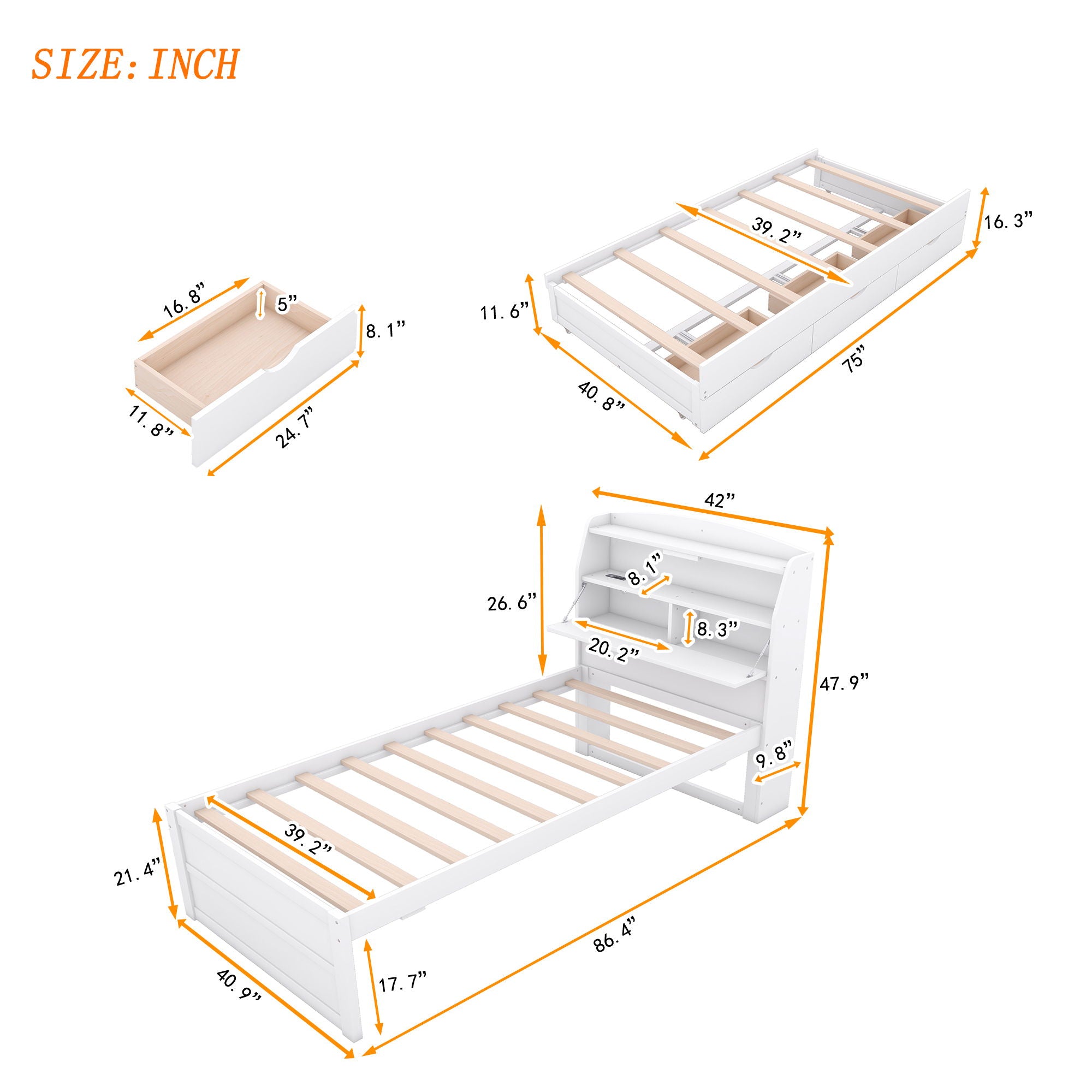 LED Platform Bed With Trundle With Storage Headboard With Drawers