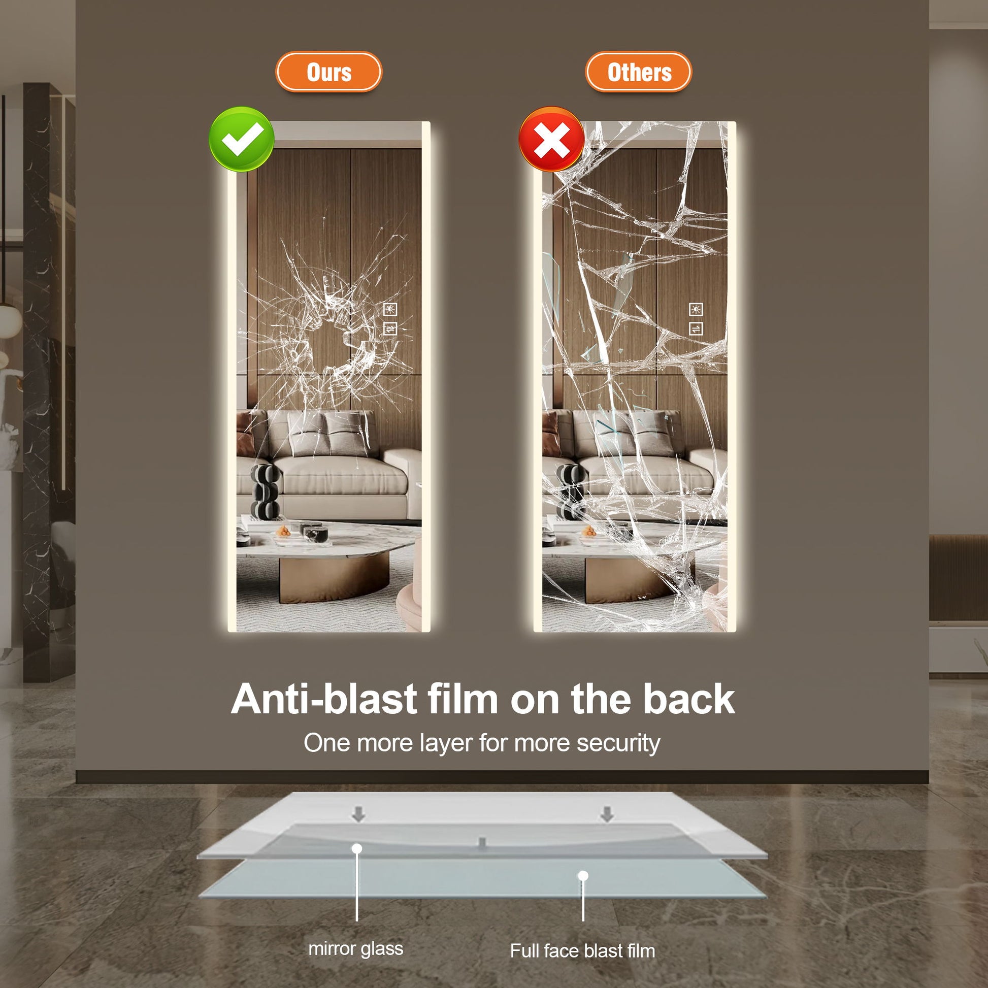 Frameless Full Length LED Mirror With 3 Color Changing Light And Explosion Proof Glass - Silver - Best Buy Furniture