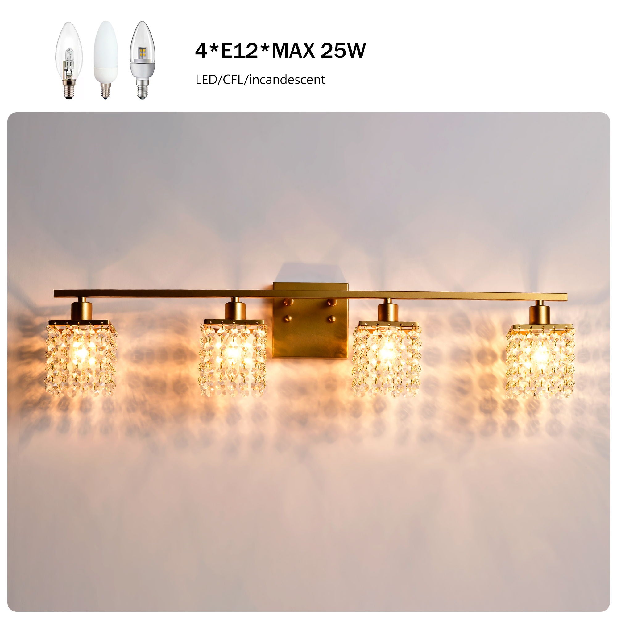 4 Light Bathroom Light, Modern Vanity Lights With Crystal Shade, Vintage Light Fixture Bathroom Over Mirror Wall Lights For Kitchen Dinning Room Bedroom Hallway (Does Not Include Light Bulbs) - Gold