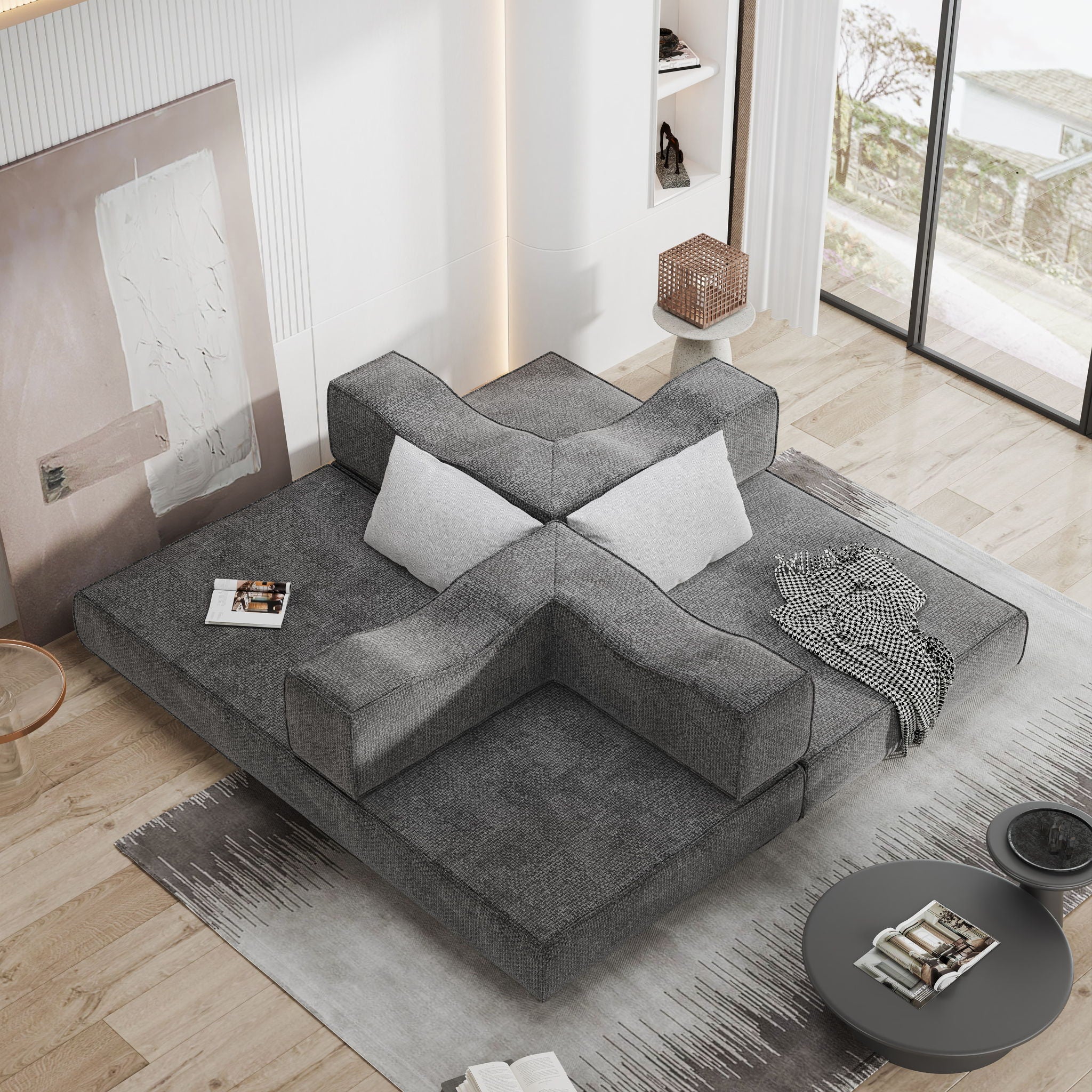 Convertible Couch Bed With 2 Pillows, 3 Seat Folding Floor Couch & King Size Bed Mattress, Diy Combination - Gray