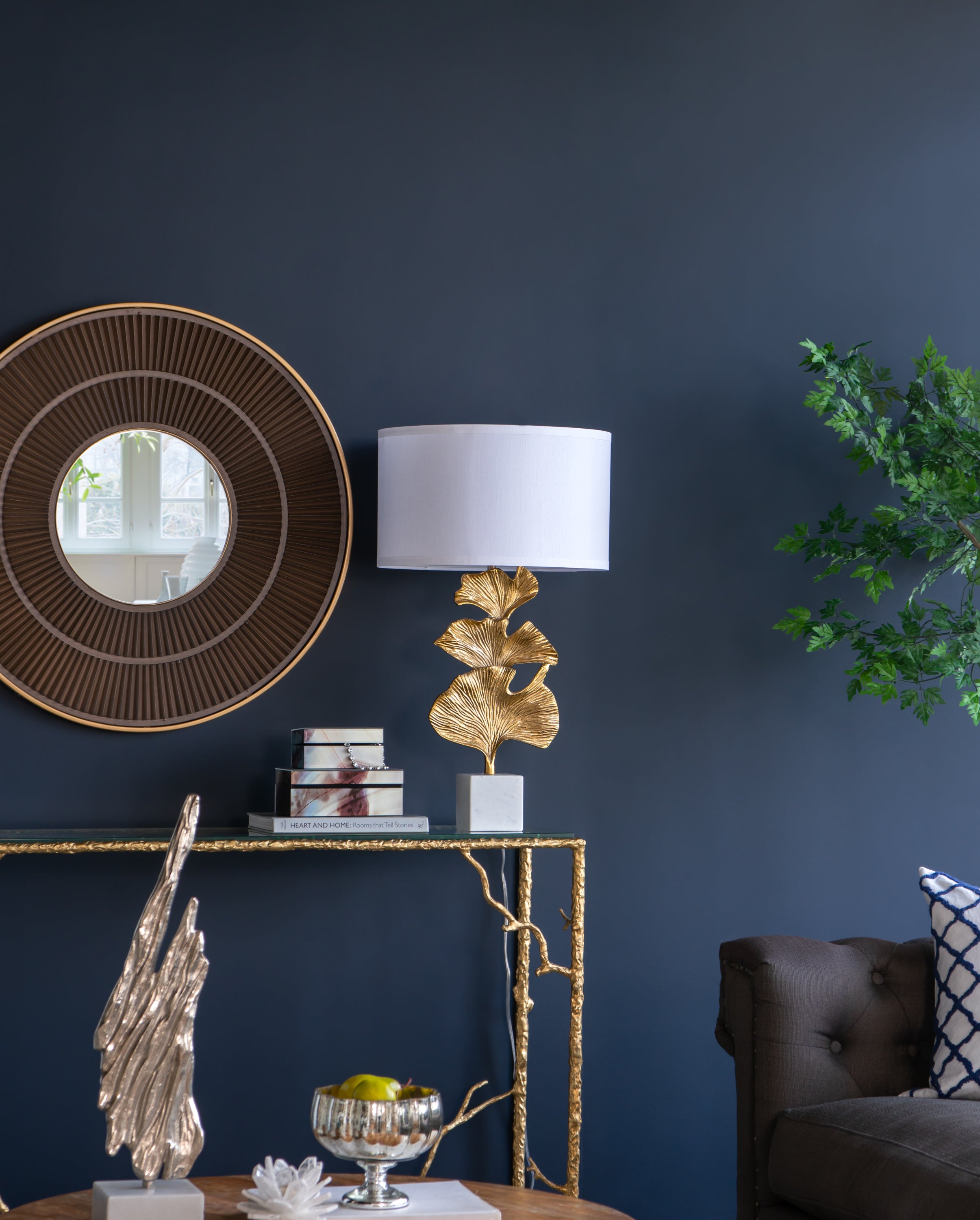 Gold Ginkgo Leaf Table Lamp with Marble Base and White Drum Shade