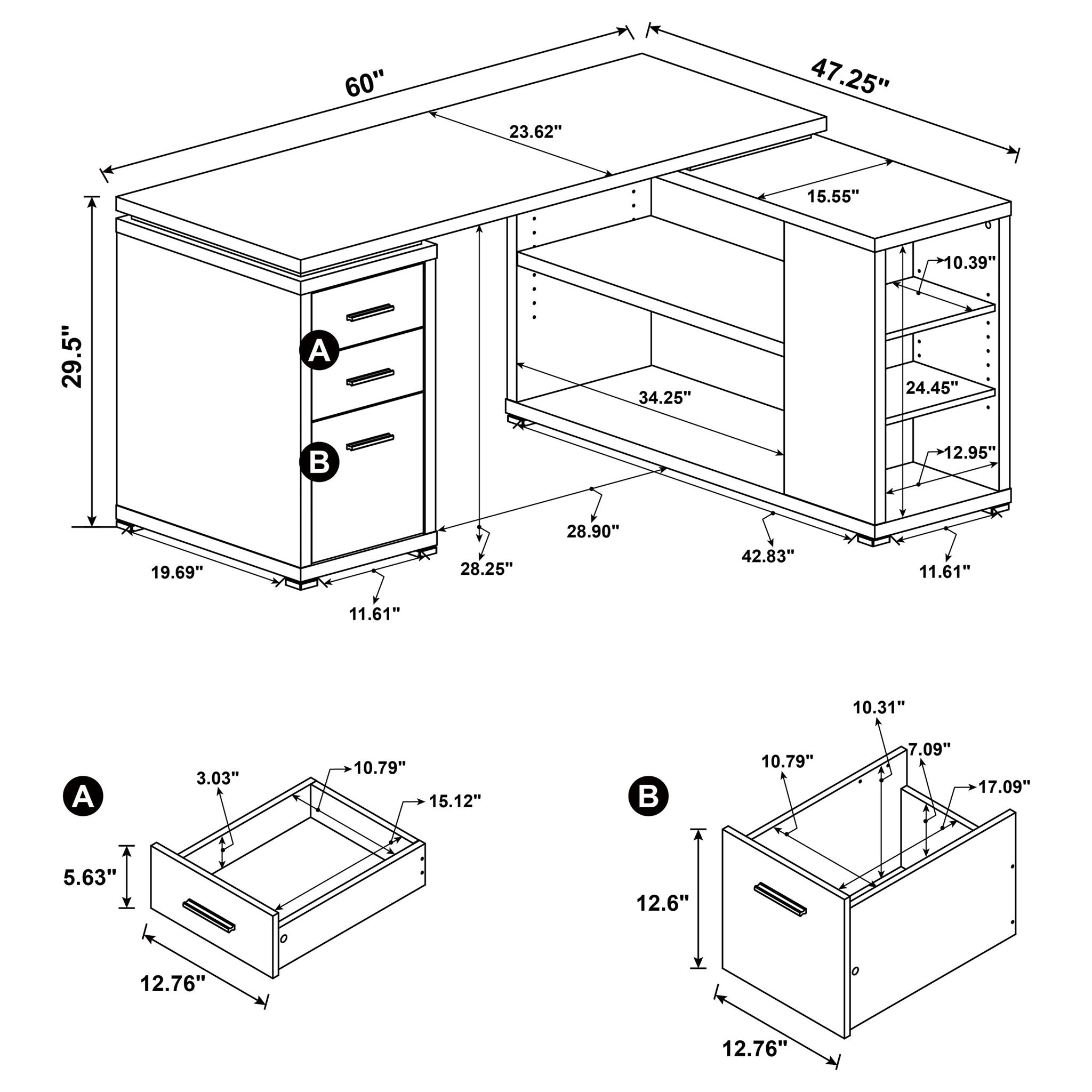 Tona - L-Shape Computer Desk With 3 Drawers And 5 Shelves