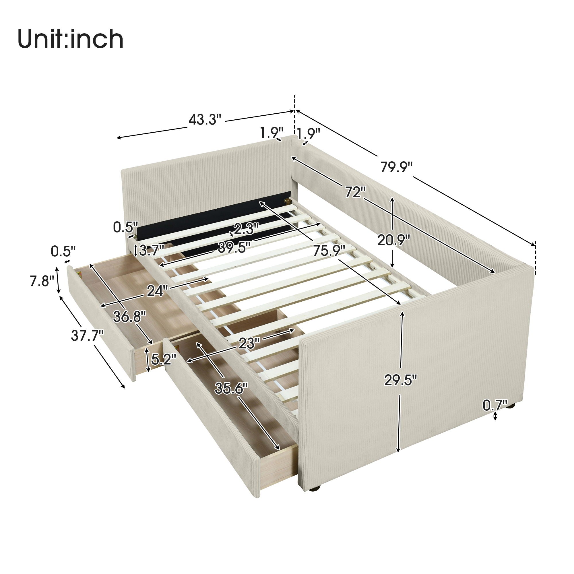 Corduroy Daybed With Two Drawers And Wood Slat