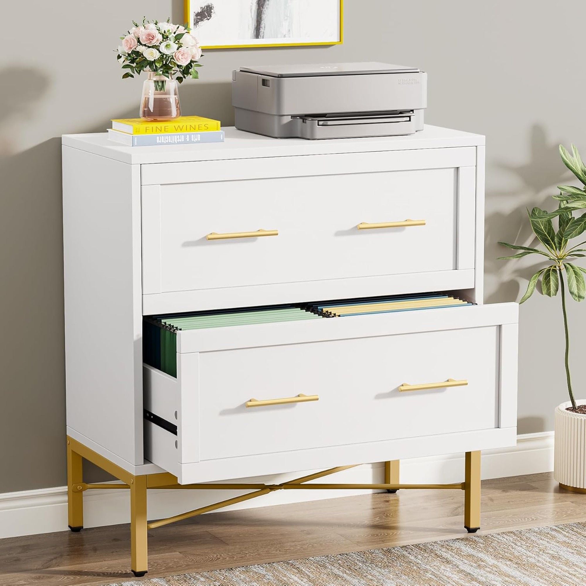 2 Drawer Lateral File Cabinet With Anti Tilt Safety, Filing Storage For Letter / Legal / A4 Files - White