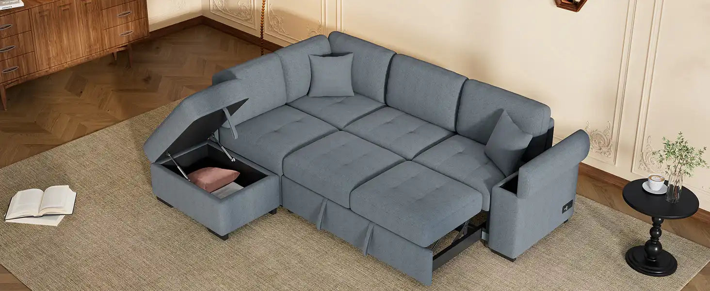 Sleeper Sectional Sofa, L-Shape Corner Couch Sofa-Bed with Storage Ottoman - Best Buy Furniture