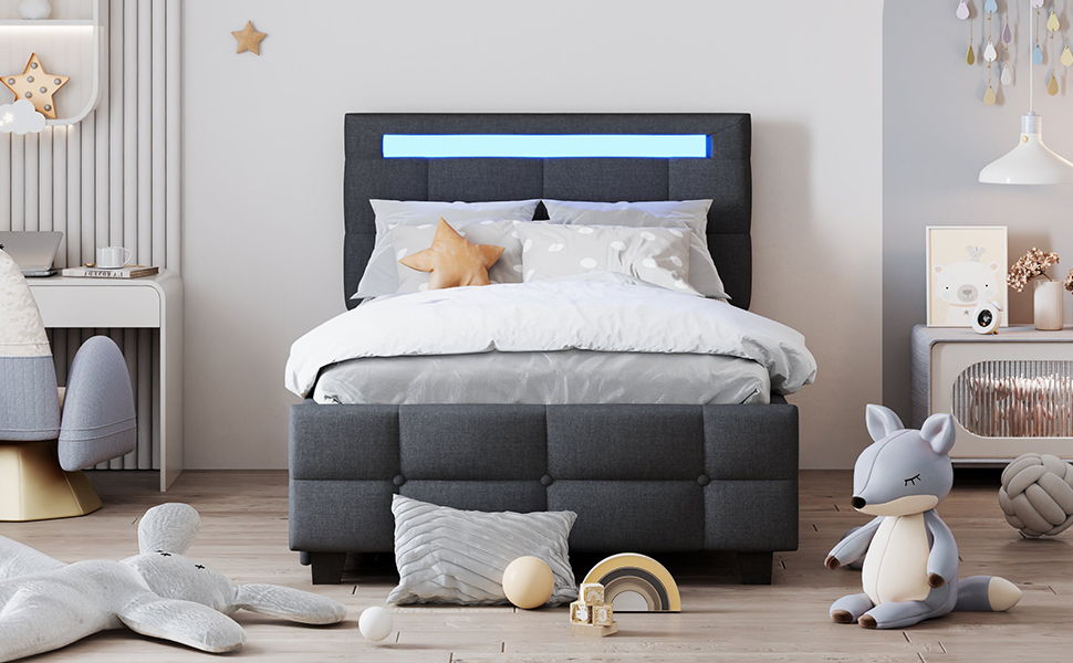 Upholstered Platform Bed With LED Frame, With Trundle And 2 Drawers