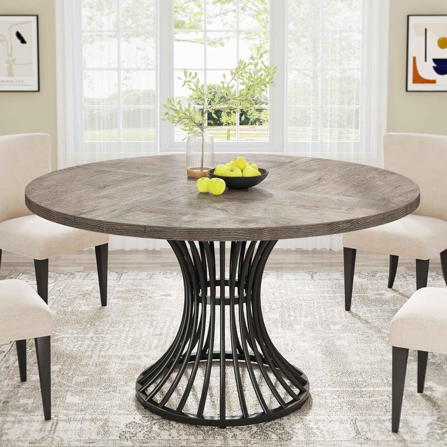 Round Dining Table For 4 - 6, (Table Only) - Gray / Black