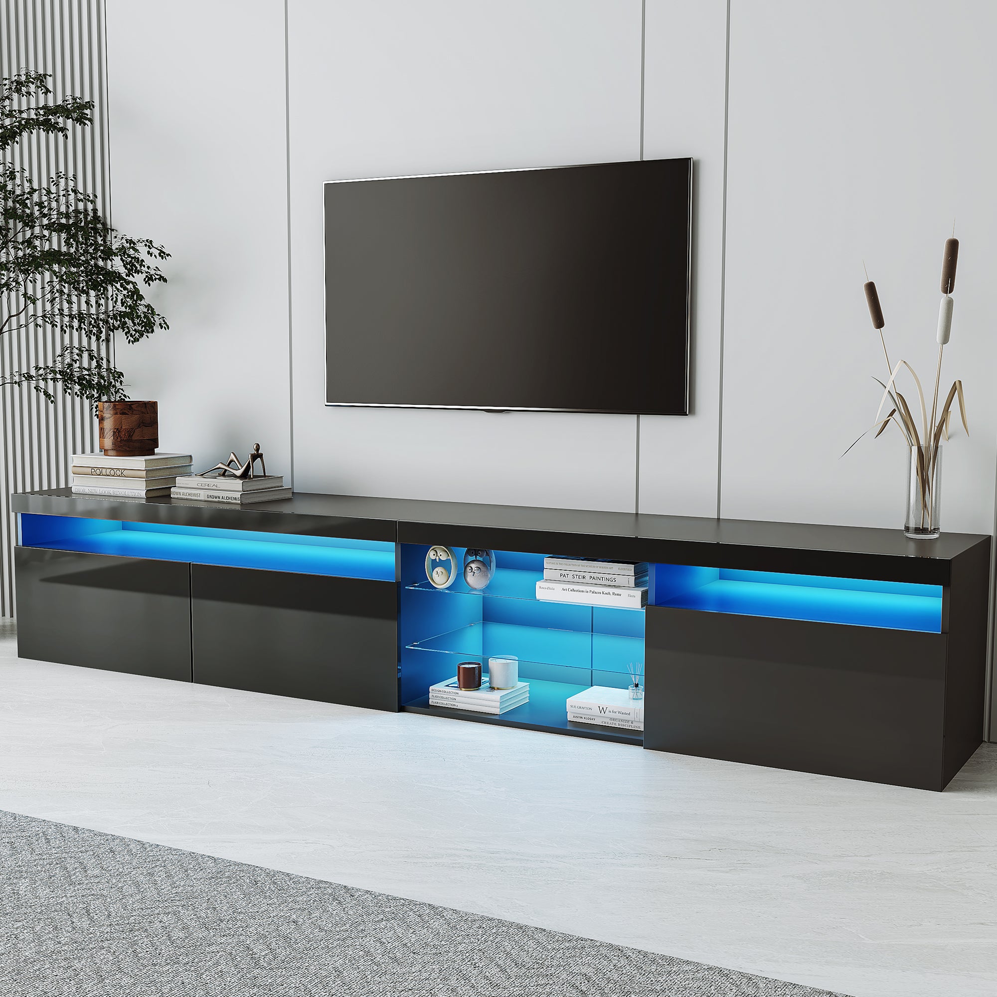 Modern LED TV Stand with 2 Glass Shelves, Ample Storage Space Media Console