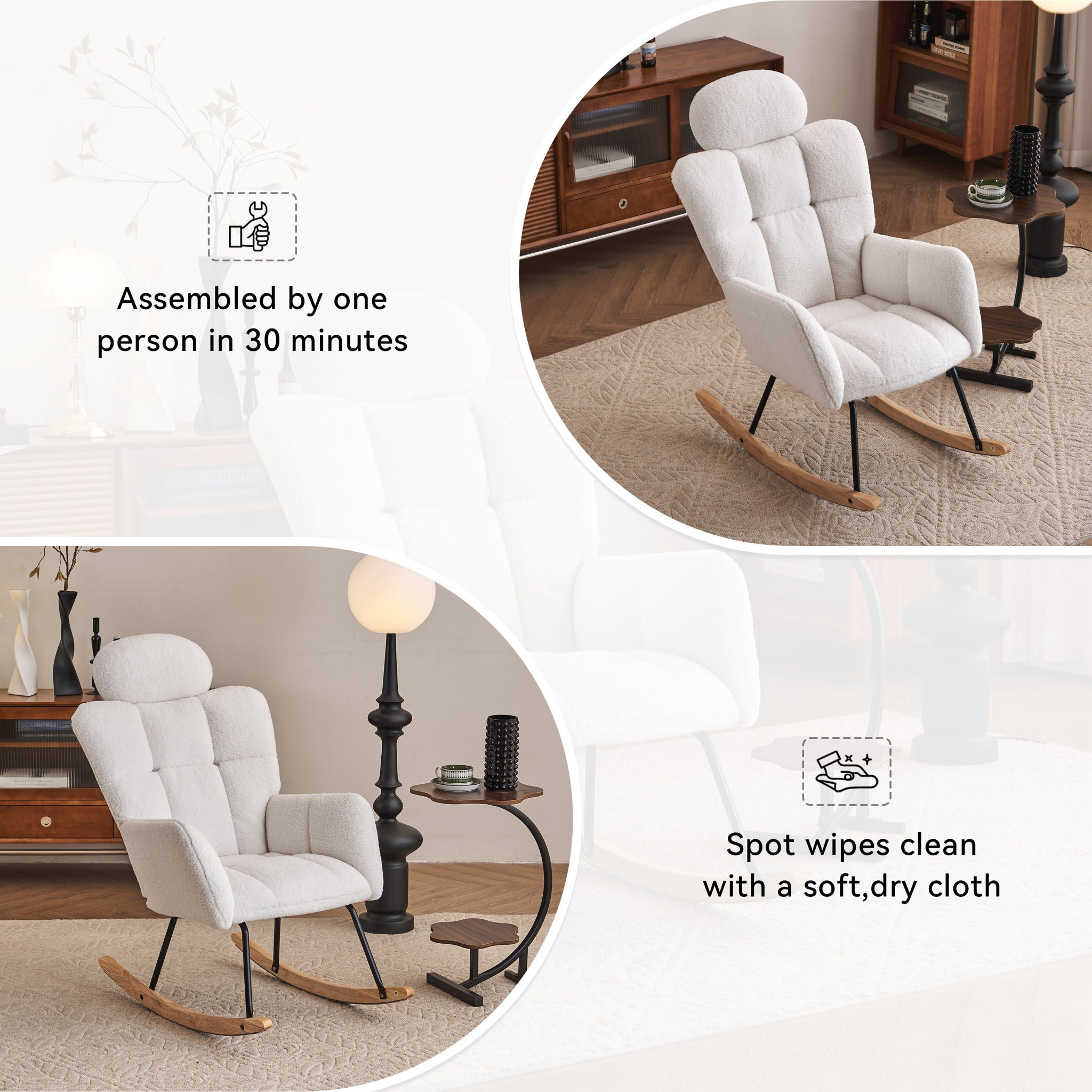 Contemporary Teddy Fabric Upholstered Nursery Rocking Glider Chair With High Backrest And Pillow