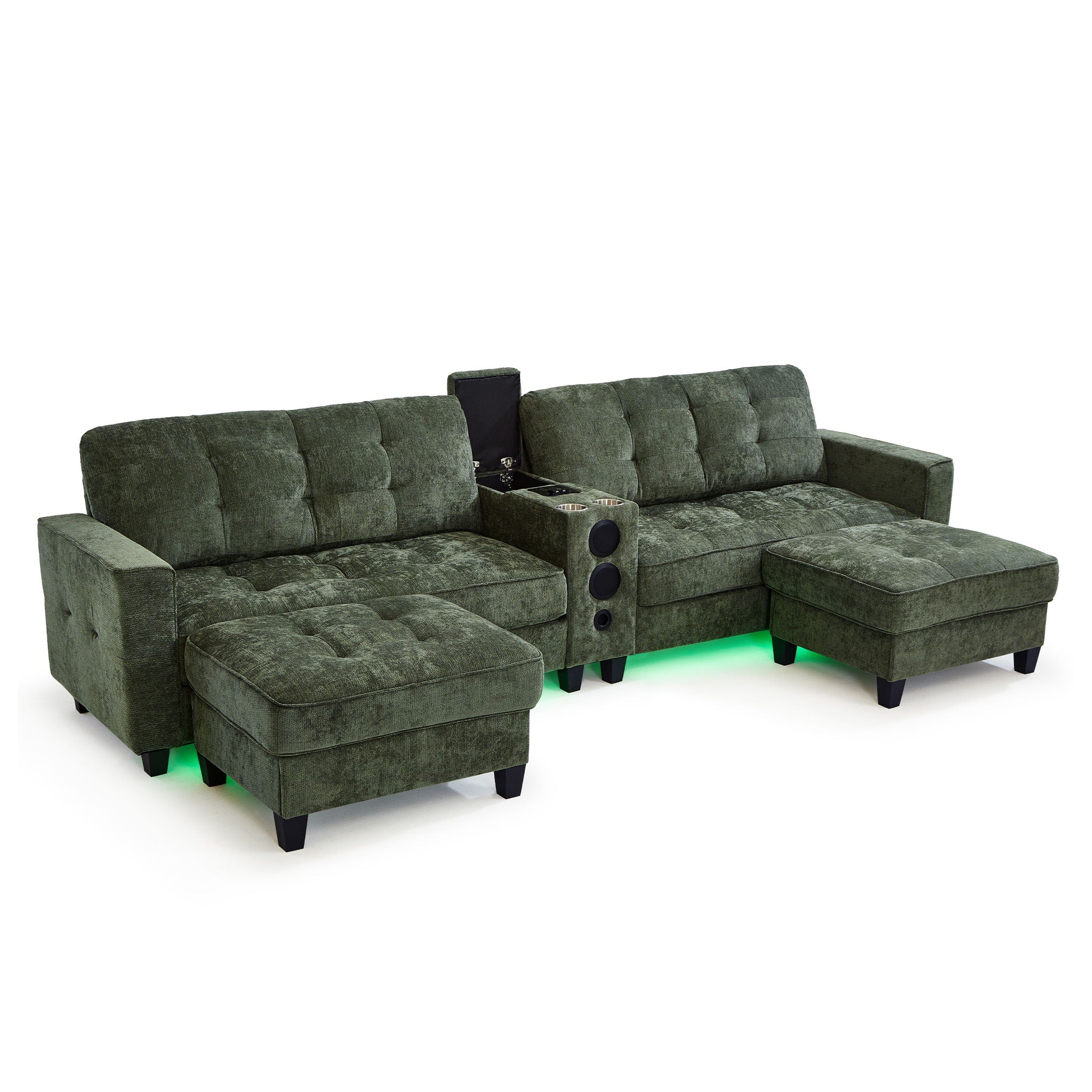 Modern Sectional Sofa U-Shaped With Movable Ottomans, Bluetooth Speakers, LED Lights And Modular Storage