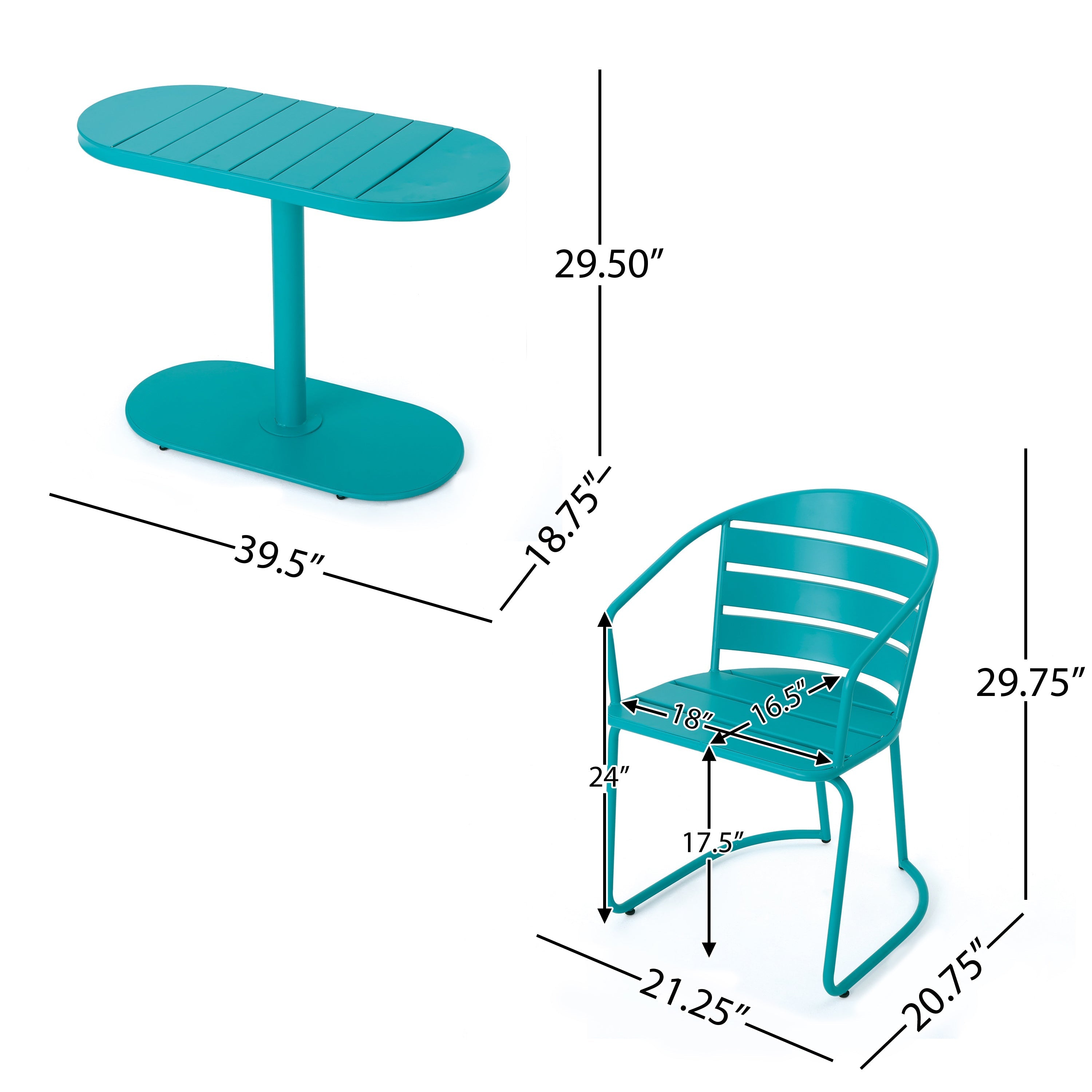 3-Piece Elegant Outdoor Bistro Set with 2 Chairs and Oval Table, Teal