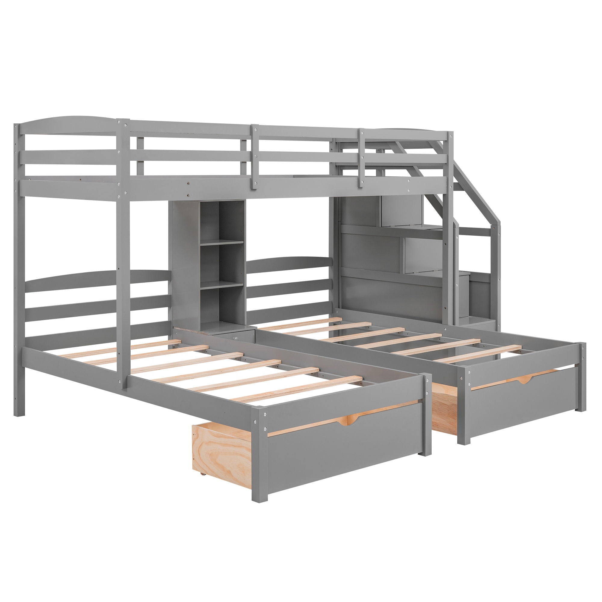 Twin Over Twin & Twin Bunk Bed With Drawers, Staircase Storage, Built In Shelves - Gray