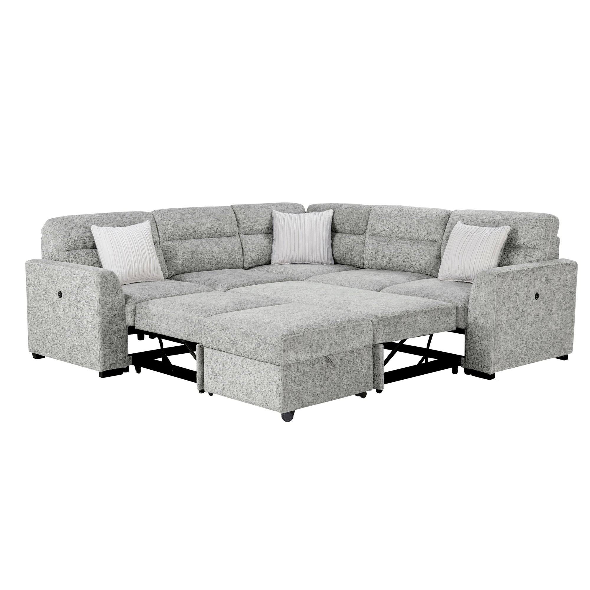Emiliano - Sectional Sofa With 3 Pillows And Storage Ottoman - Nickel