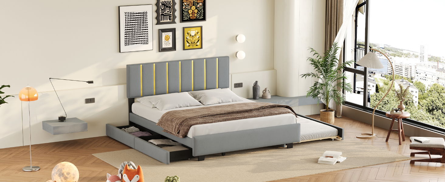 Upholstered Platform Bed With 2 Drawers And 1 Trundle, Classic Strip Headboard Design