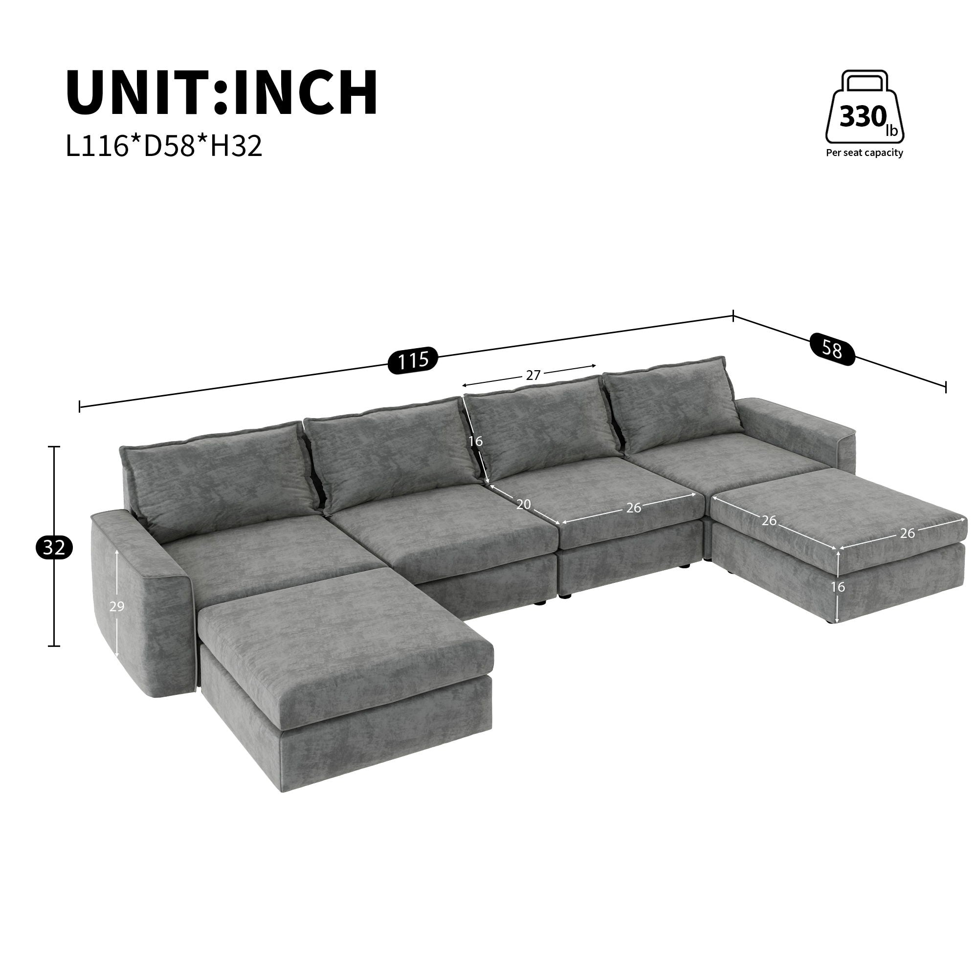 Chenille Modular Sectional Sofa, U Shaped Reversible Couch, Free Combination, 6 Seat Sleeper Sofa Bed With Ottoman, Convertible Oversized Indoor Furniture - Gray