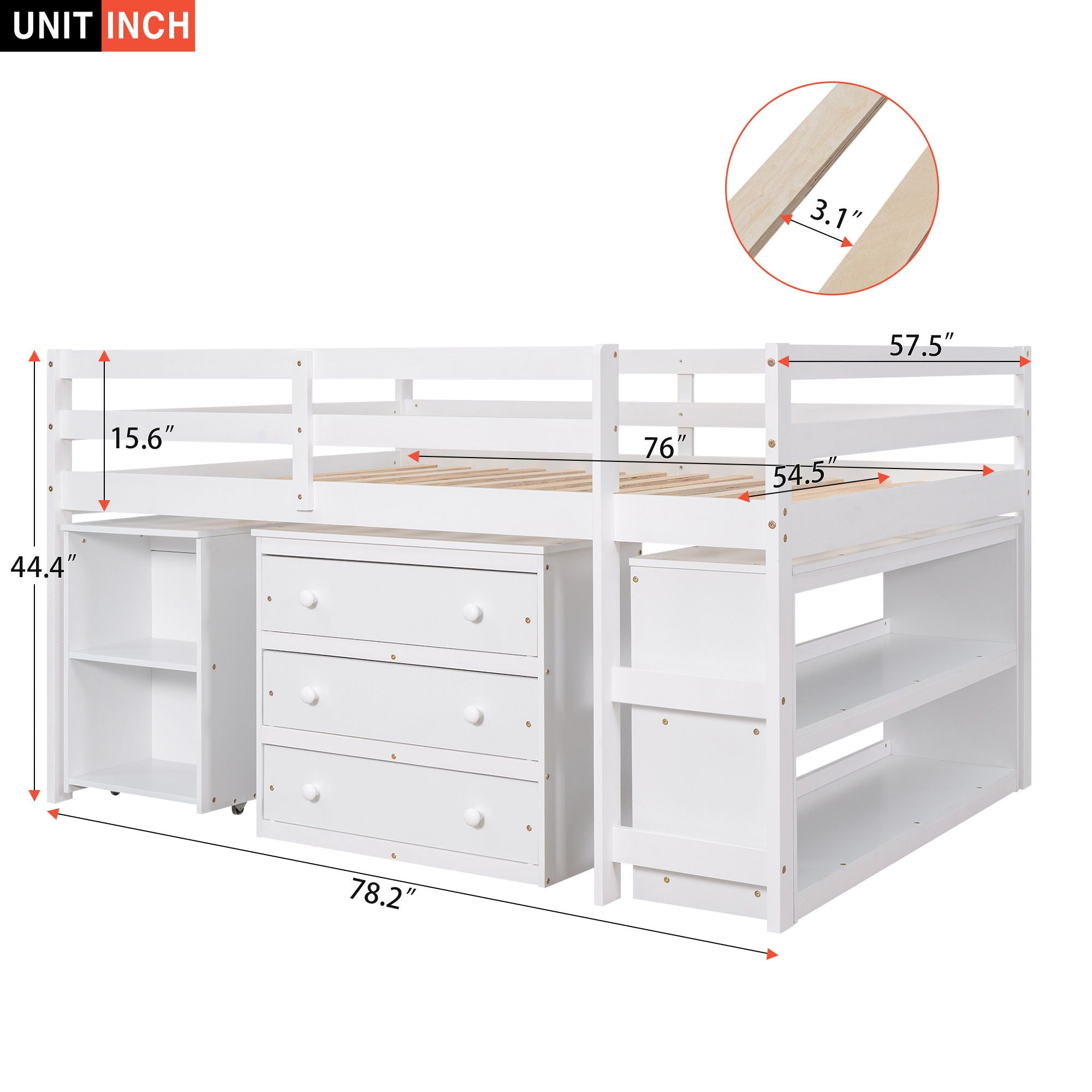 Loft Low Study Bed With Cabinet, Shelves And Rolling Portable Desk, Multiple Functions