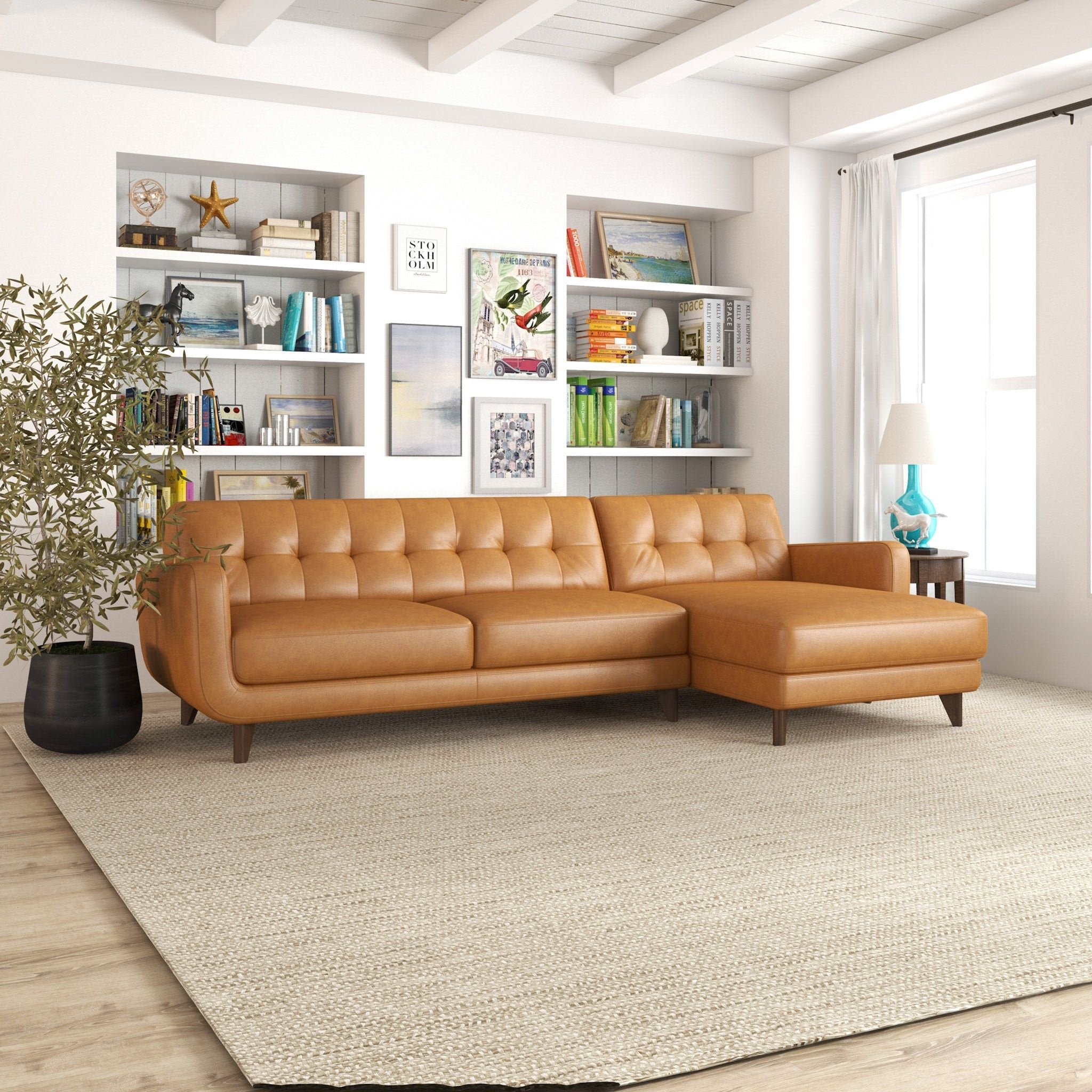 Allison - Mid-Century Modern Leather Sectional Sofa Chaise