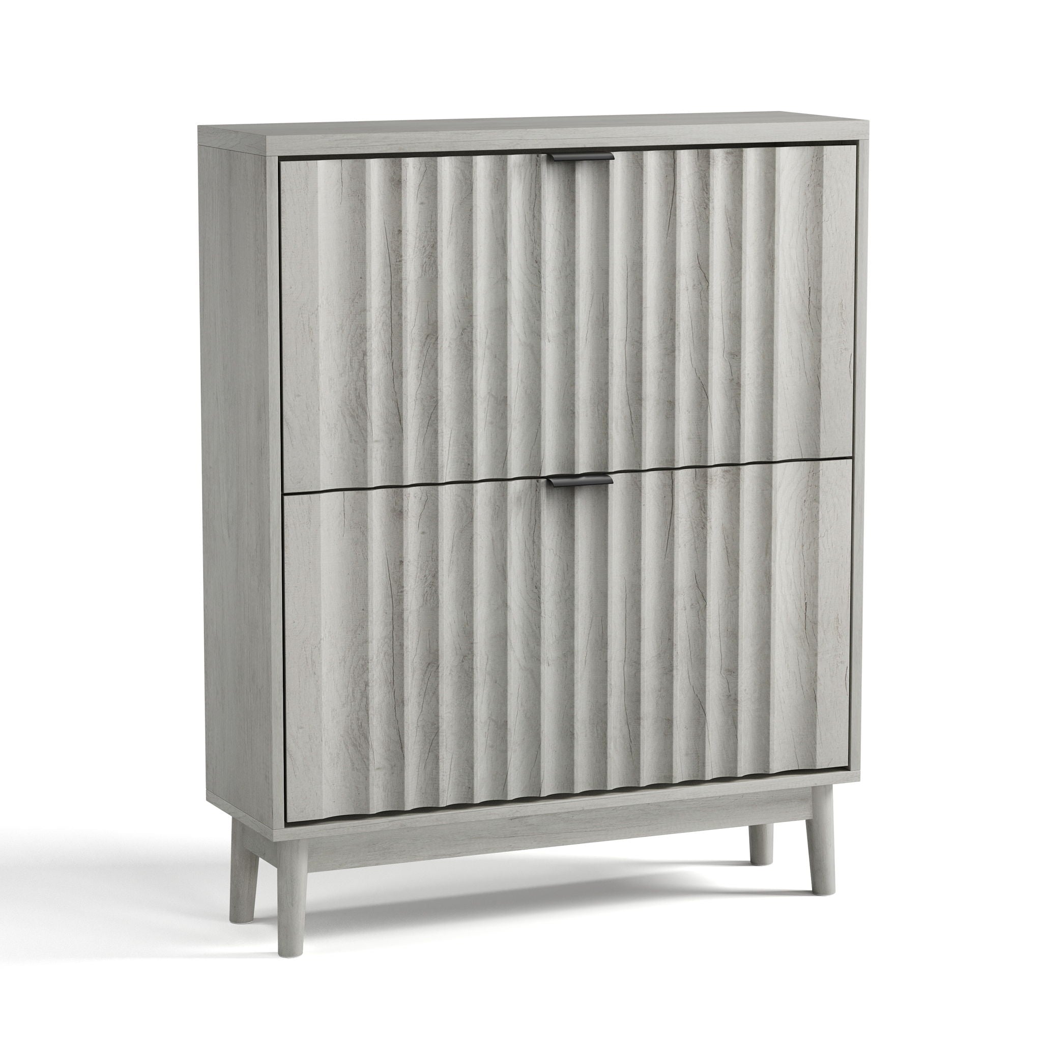 Shoe Cabinet With 2 Flip Drawers, Fluted Shoe Storage Cabinet For Entryway, Free Standing Shoe Storage Organizer With Wave Doors For Heels, Boots, Slippers In Hallway, Living Room - Gray